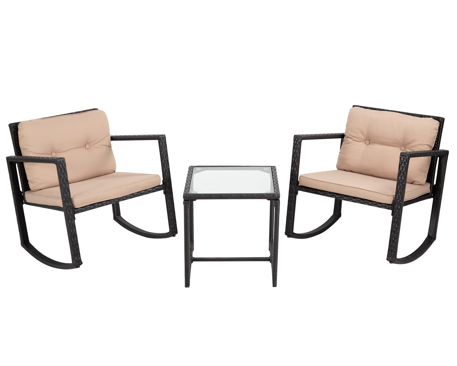 Best 3-Piece Outdoor Patio Furniture Set - PE Rattan Wicker Rocking Chairs with Glass Table - Perfect for Porch, Garden, Backyard & Poolside Relaxation