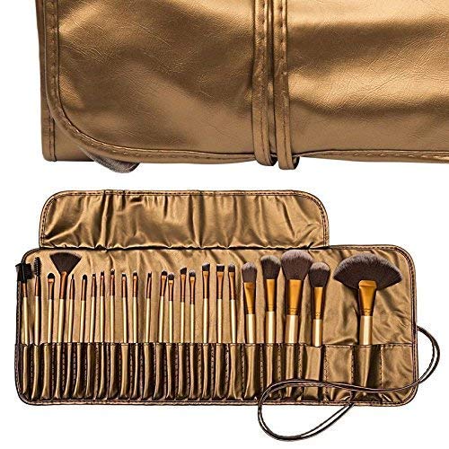 24Pcs Golden Professional Makeup Brush Set with Leather Case - Essential Cosmetic Tools for Makeup Artists & Beginners | Perfect for Daily Makeup, Contouring, Blending & Professional Makeup Application