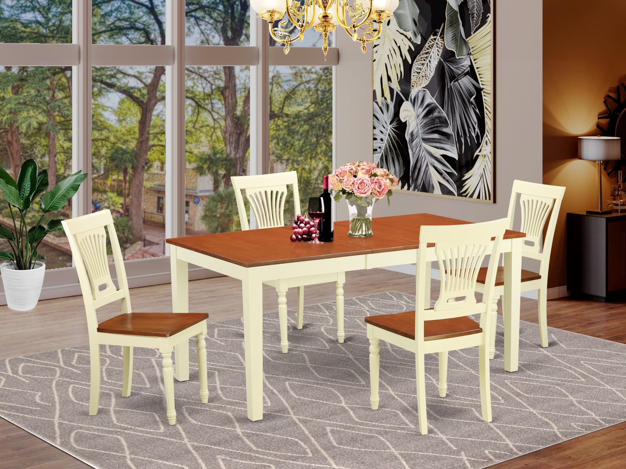 East West Furniture 5-Piece Dinette Set for 4 - Rectangle Dining Table with Butterfly Leaf & 4 Chairs, 36x66 Inch, Buttermilk & Cherry - Perfect for Small Kitchens, Breakfast Nooks, and Compact Dining Spaces