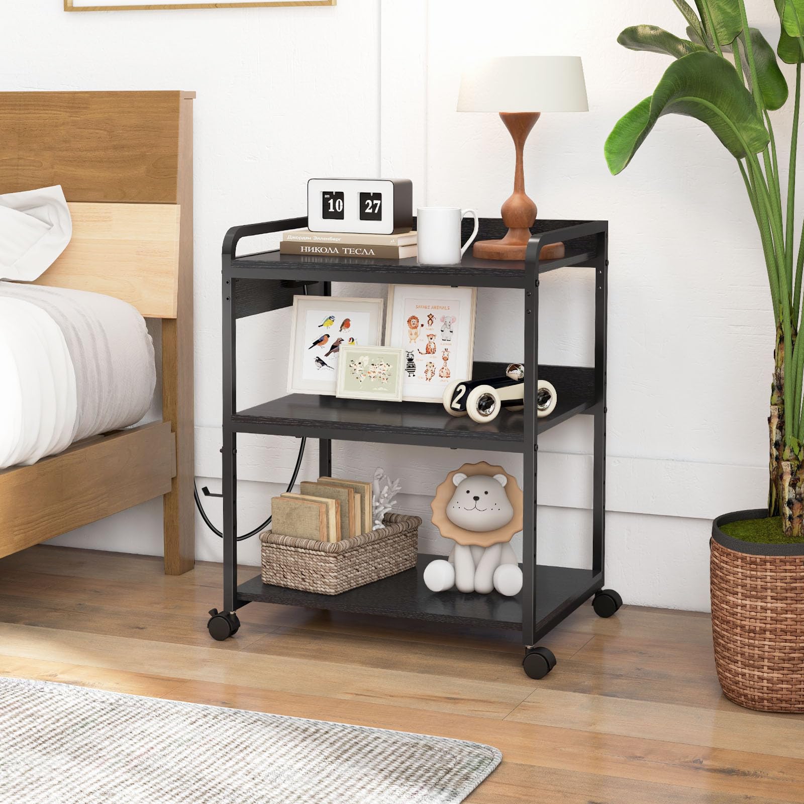 25.2 x 18.9 Inch Large Printer Stand with Wheels & Charging Station - 3 Tier Printer Table with Power Outlet & USB Port - Home Office Organization for Printer, Shredder & Supplies (Black)