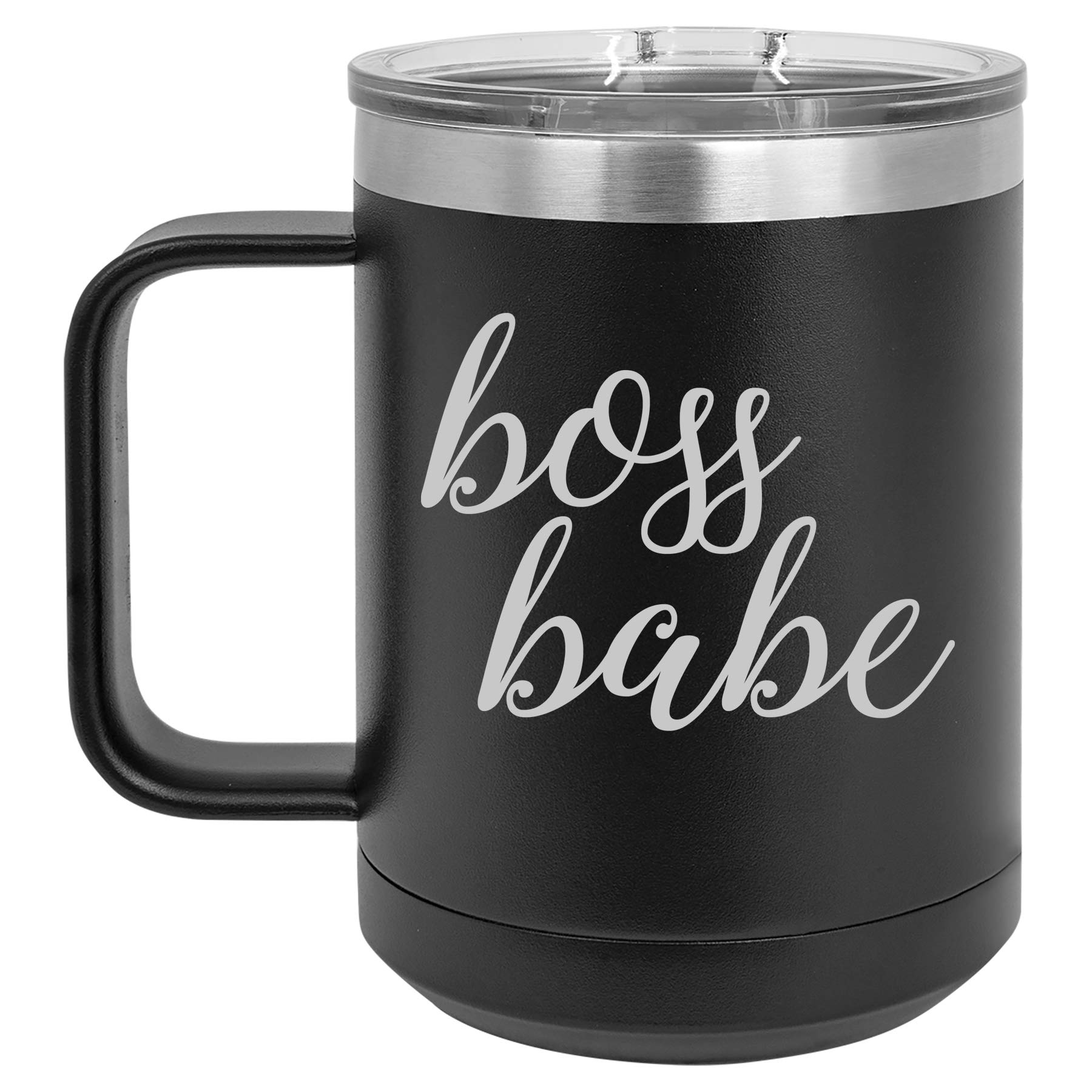 15 oz Vacuum Insulated Stainless Steel Tumbler with Handle & Lid - Leakproof Travel Coffee Mug for Women, Boss Babe Gift (Black) | Perfect for Office, Commuting & Outdoor Activities