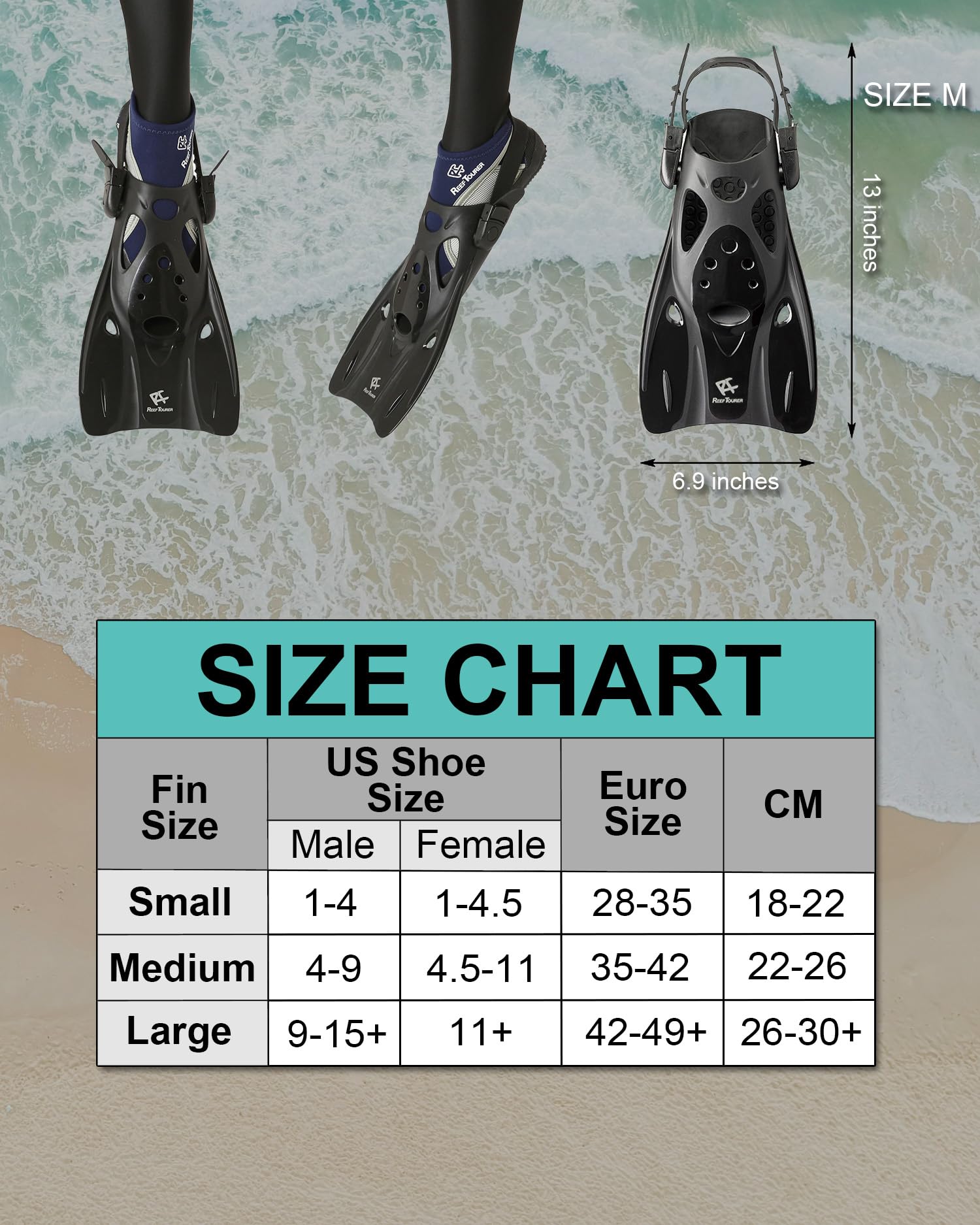 RF0106P Adjustable Open Heel Snorkel Fins for Kids & Adults - Compact Short Blade Swimming Flippers, Travel Size Snorkeling Gear for Beach, Pool & Water Sports