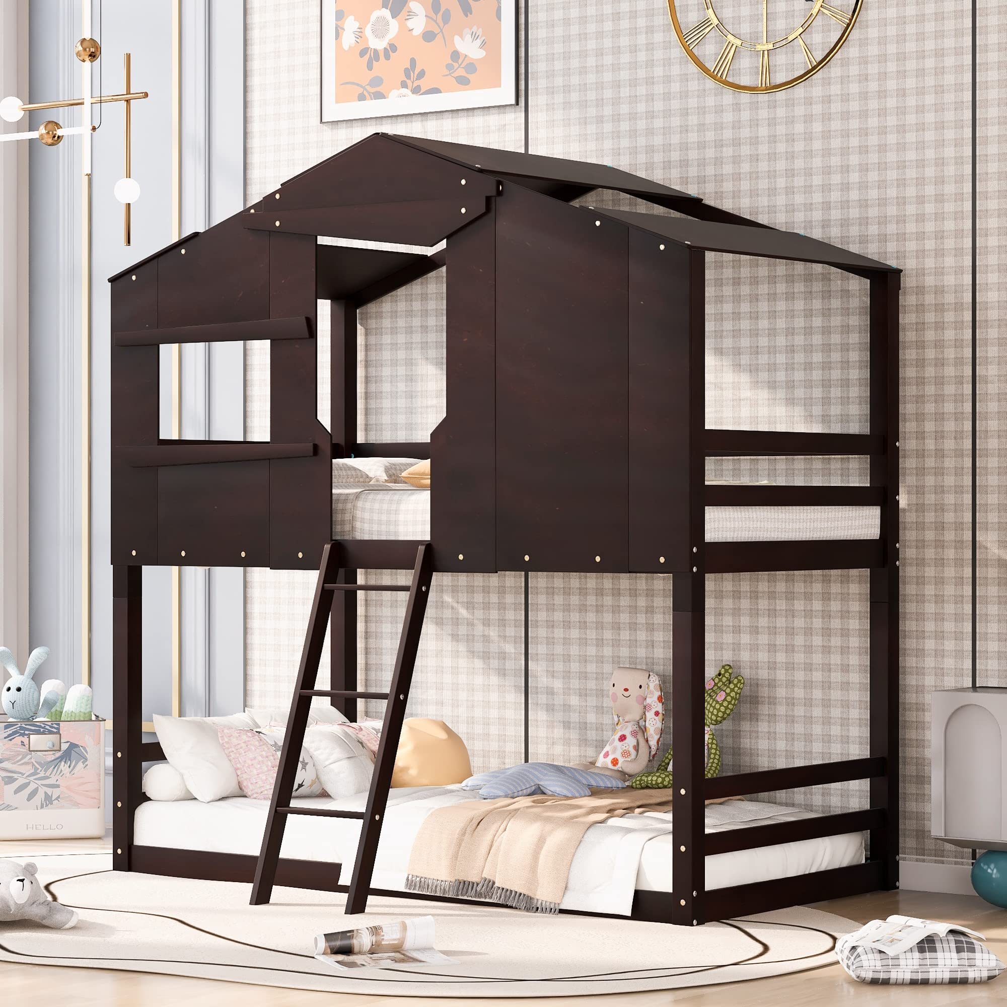 P PURLOVE Twin Over Twin Wooden Bunk Bed with Playhouse Design - Kids Bunk Bed with Roof, Window, Guardrail & Ladder - Safe & Sturdy Bed Frame for Children, Teens, Boys & Girls - Perfect for Small Rooms, Shared Kids Bedrooms & Play Areas