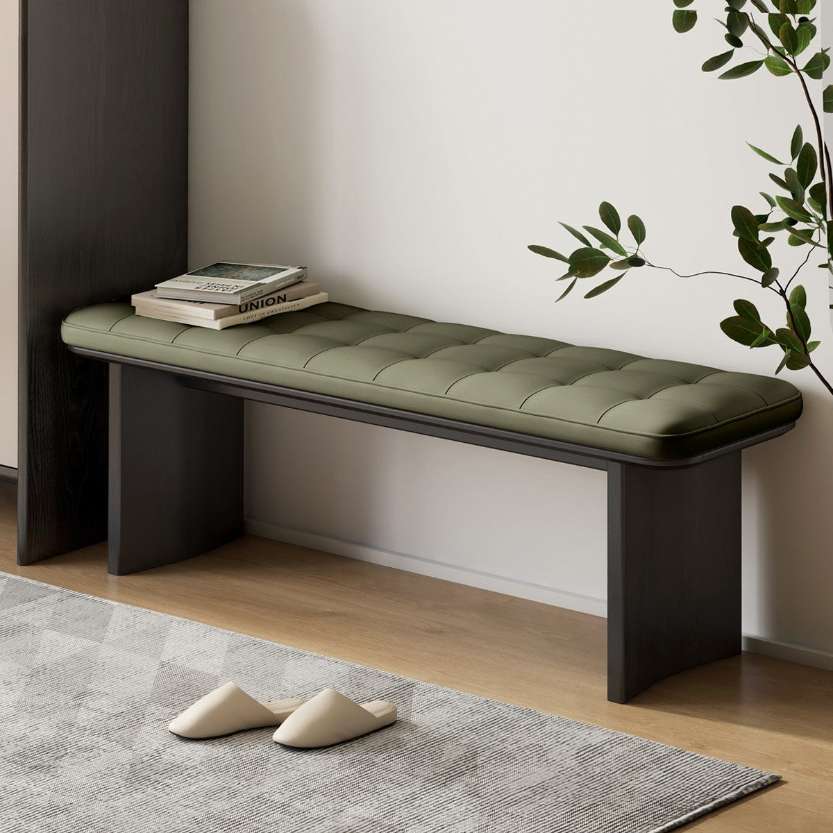 Premium Oak Solid Wood Luxury Bench with Genuine Yellow Cowhide Upholstery - Perfect for Entryway, Living Room, or Bedroom Seating
