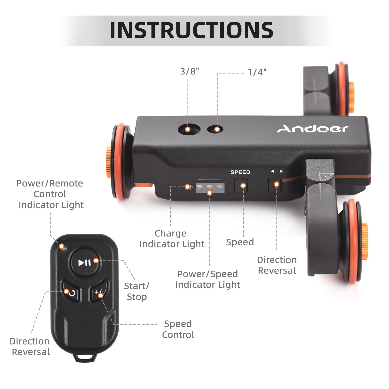 Andoer Motorized Camera Dolly with Ballhead & Phone Mount - 3-Speed Remote Control Slider for DSLR, iPhone, Android, GoPro, Insta360 - Perfect for Vlogging, Film Making, Product Photography & TikTok Videos