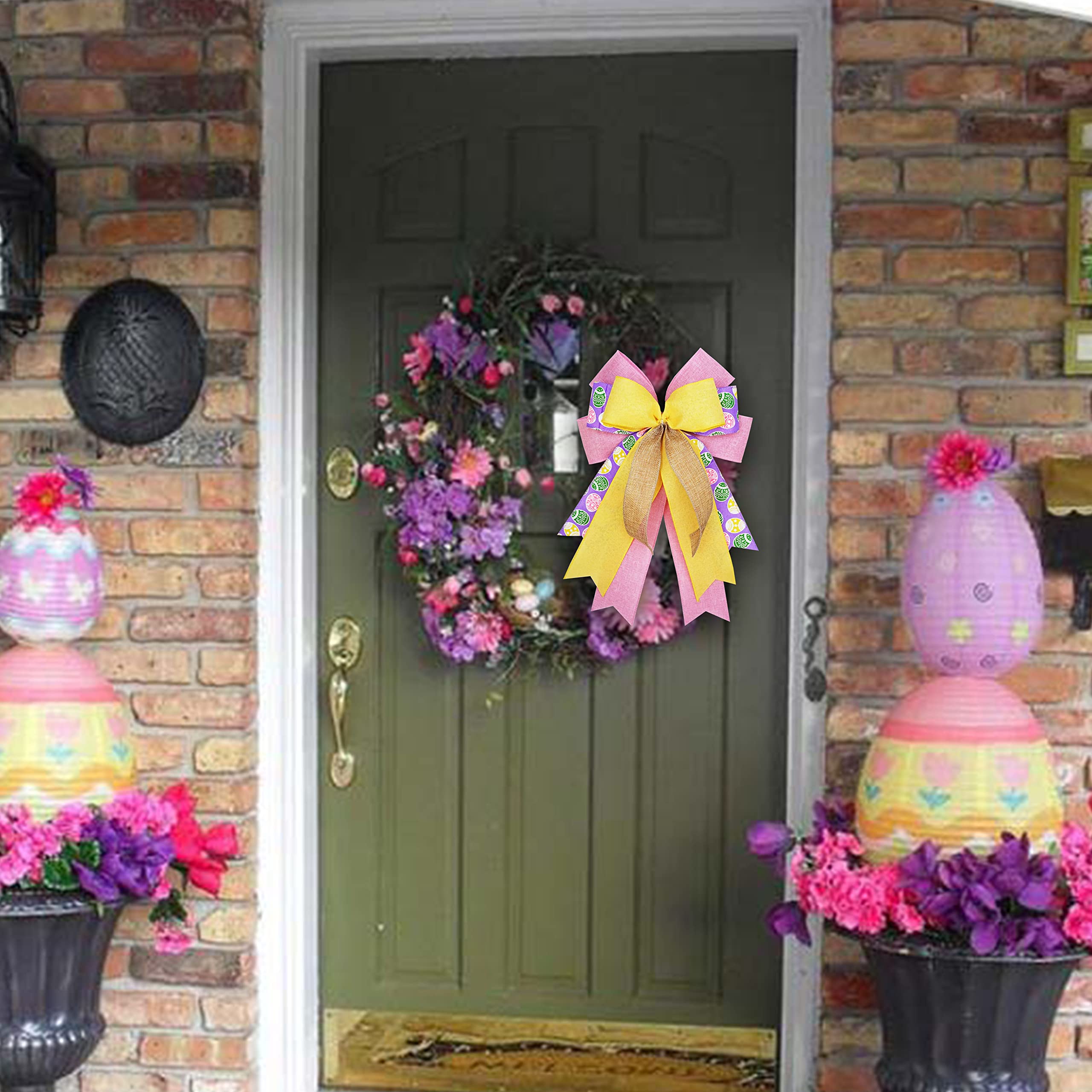 Easter Bows for Wreath - Pink, Purple & Yellow Spring Decoration Bows | Easter Lantern & Burlap Basket Bows with Easter Eggs | Perfect for Wreaths, Gift Wrapping & Home Decor