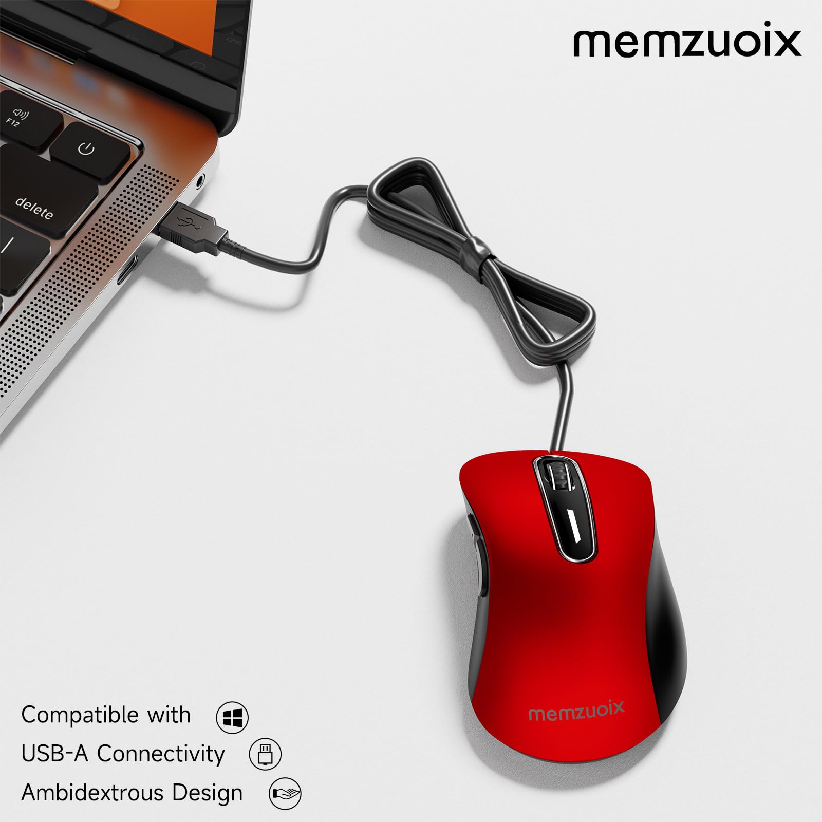 Memzuoix Wired USB Mouse - 1200 DPI Ergonomic Optical Computer Mouse with 5FT Cord for Laptop, PC, Desktop, MacBook, 5 Buttons (Pomegranate Red) - Perfect for Office, Gaming, and Home Use