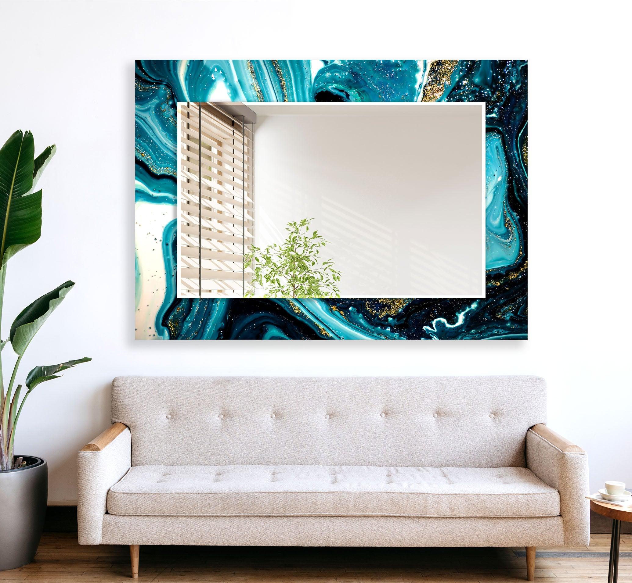 Stylish Blue and White Epoxy Wall Mirror - Modern Decorative Bathroom & Bedroom Vanity Mirror - Perfect for Home Decor, Dressing Areas, and Interior Design Accents