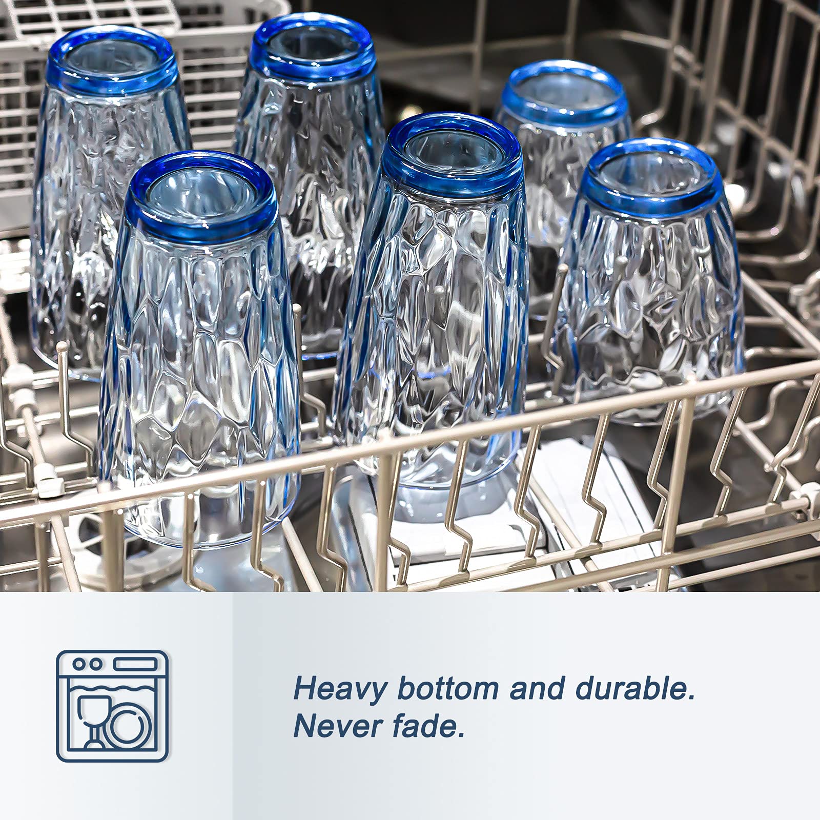 CREATIVELAND Blue Drinking Glasses Set of 8 - 15.8oz & 13.7oz Heavy Base Highball Tumblers for Water, Cocktail, Juice, Beer, Iced Coffee - Durable Thick Glassware for Kitchen, Bar, Restaurant & Home Entertaining