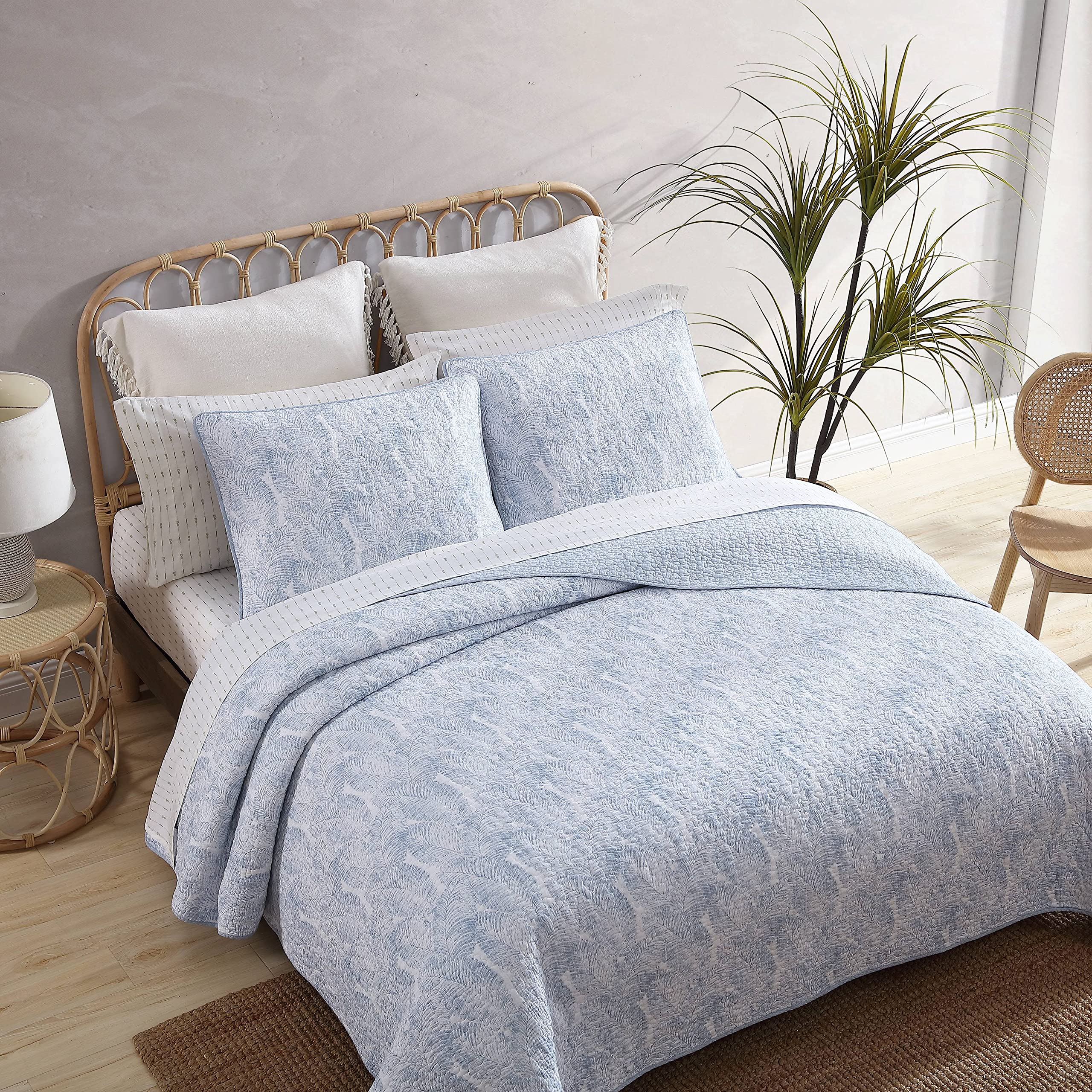 Tommy Bahama King Size Reversible Cotton Quilt Set with Matching Sham - Coastal Bedding in Distressed Water Leaves Blue, Textured Reverse for Comfort & Style | Perfect for Beach House, Guest Room & Coastal-Themed Bedrooms
