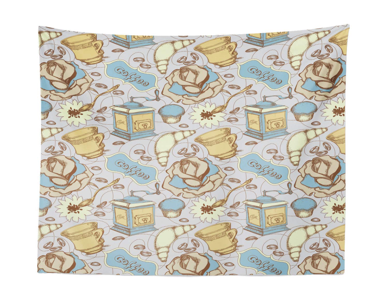 Ambesonne Vintage Coffee Tapestry - Sketchy Croissant Roses Wall Art Decor for Bedroom, Living Room & Dorm - 28x23 Inch Multicolor Fabric Hanging - Perfect for Boho Home Decor & Coffee Shop Ambiance