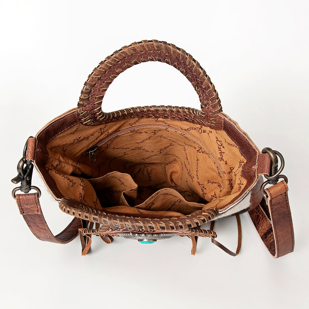 American Darling Hand-Tooled Genuine Leather Women's Western Handbag with Hair-On Hide - Stylish Cowgirl Purse for Rodeo, Country Music Festivals & Western Fashion