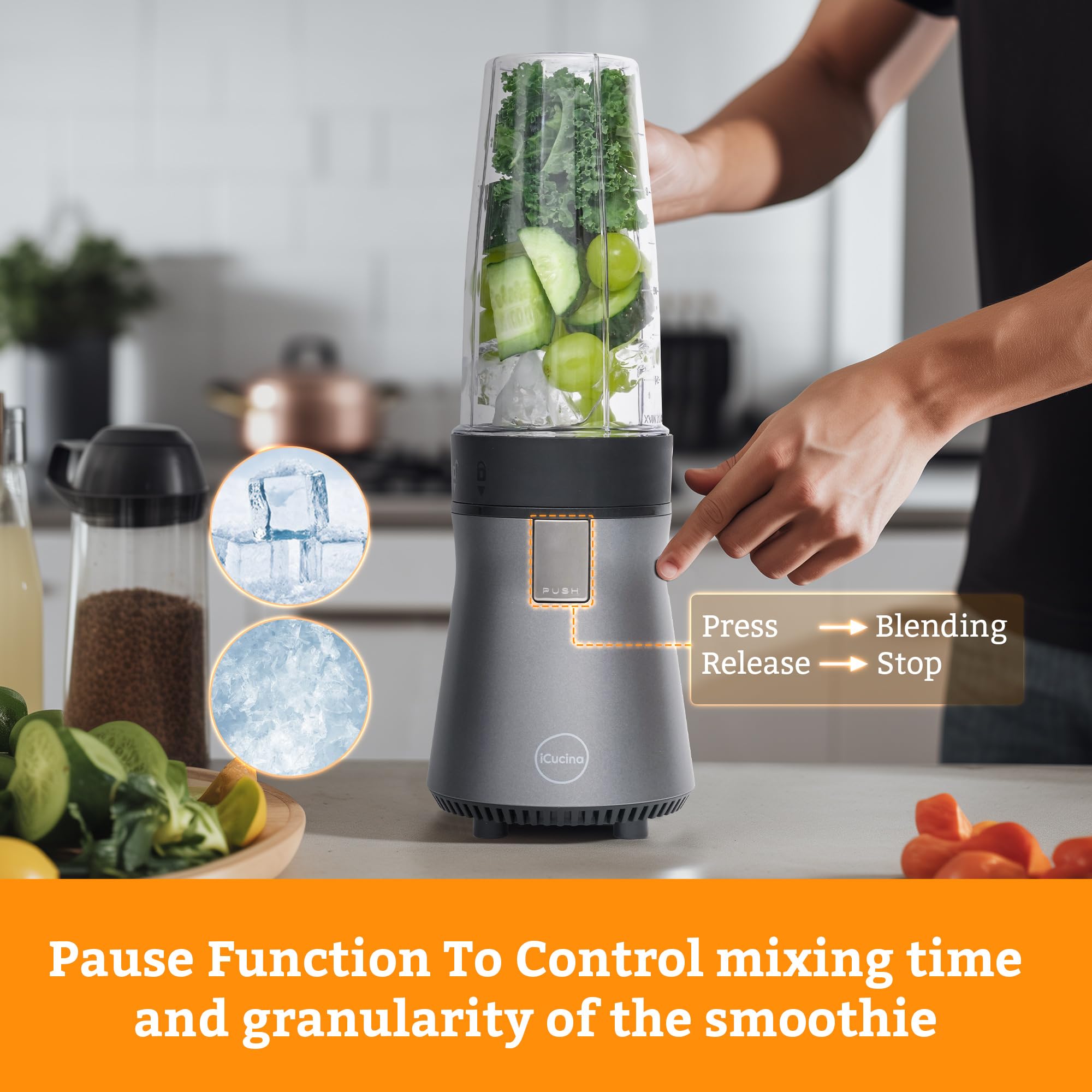 iCucina 500W Personal Smoothie Blender for Shakes, Smoothies & Frozen Drinks - Includes 2 x 28oz Portable Cups with Lids - Perfect for Gym, Office & Home Use - Metal Gray