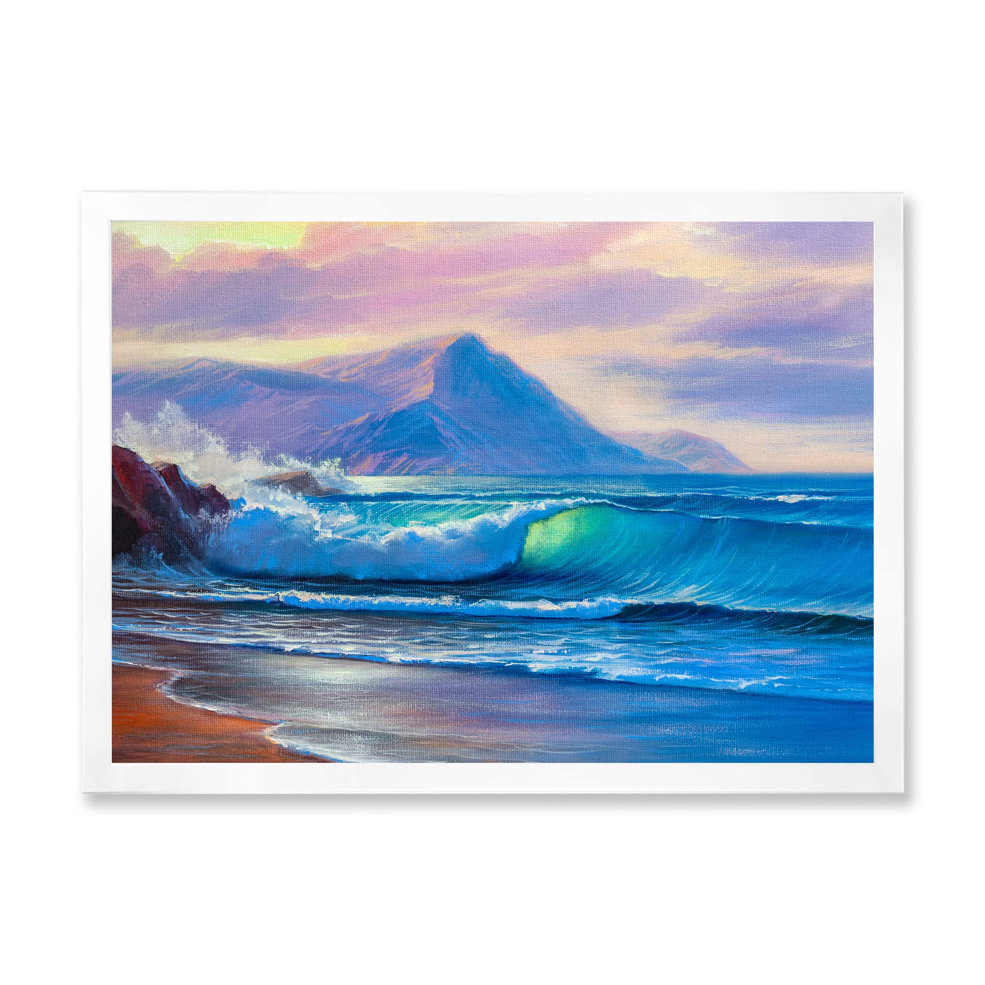DesignQ Blue Waves Breaking At The Beach Framed Wall Art - Coastal & Nautical Decor for Living Room, Bedroom, Office