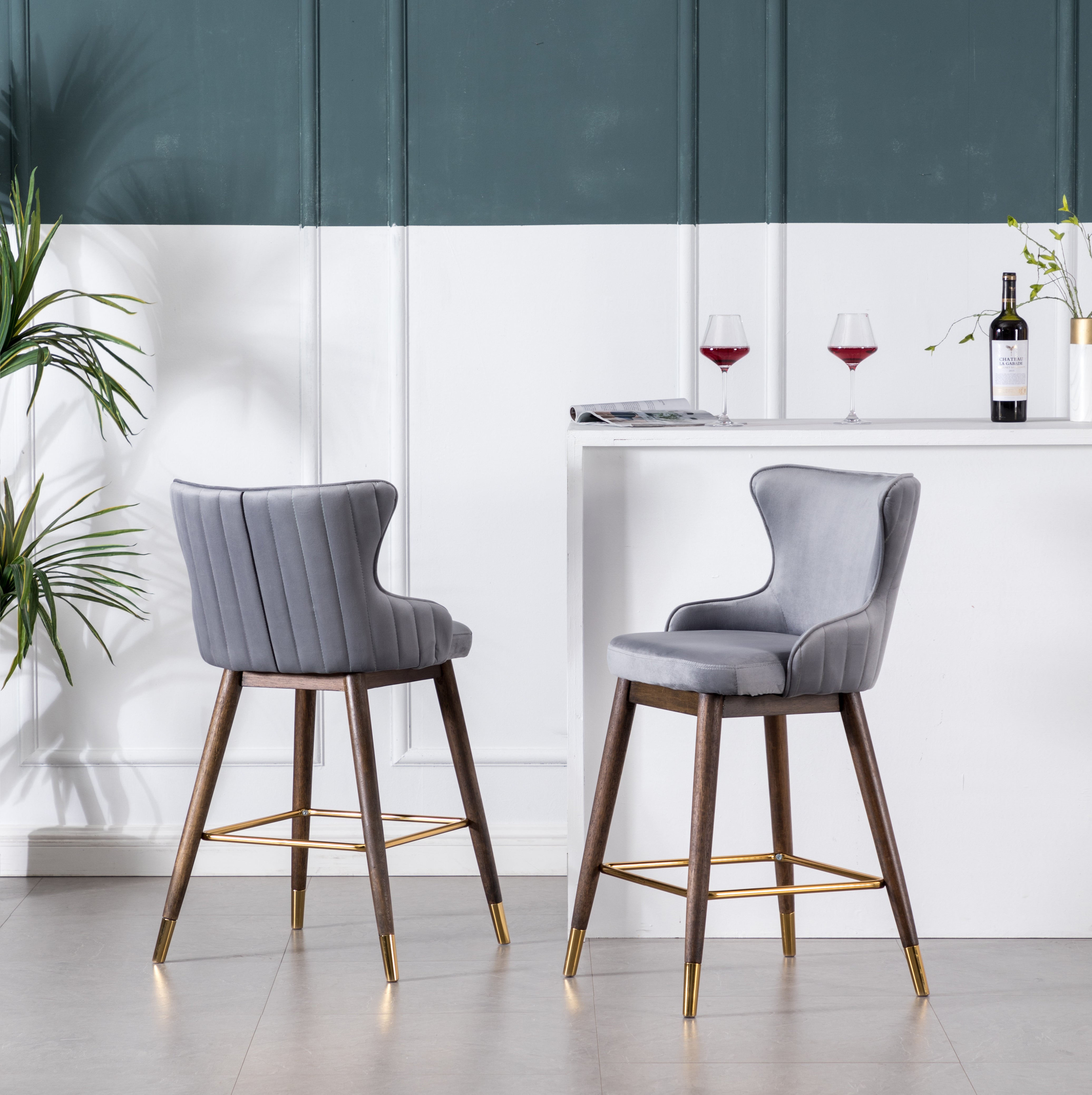 Roundhill Furniture Leland Fabric Upholstered Counter Height Wingback Bar Stools, Gray, Set of 2 - Perfect for Kitchen Islands, Breakfast Bars & Home Decor