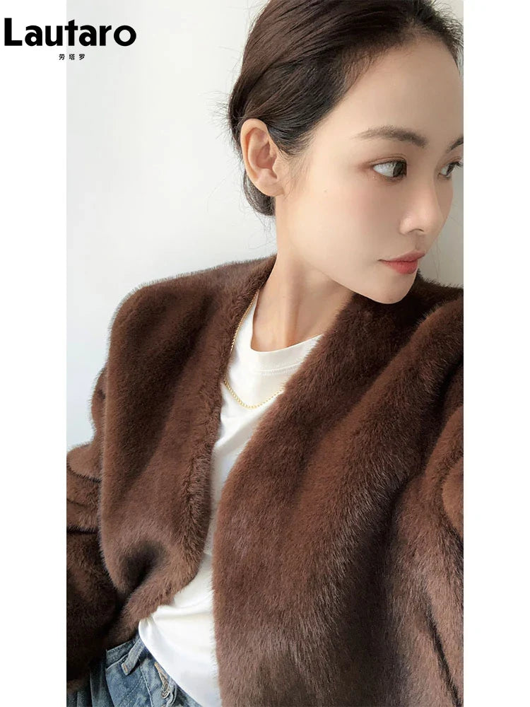 Luxury Soft Thick Warm Brown Faux Mink Fur Coat for Women - Deep V Neck Long Sleeve Fluffy Jacket for Autumn & Winter 2024 | Perfect for Cold Weather, Parties & Fashion Outfits