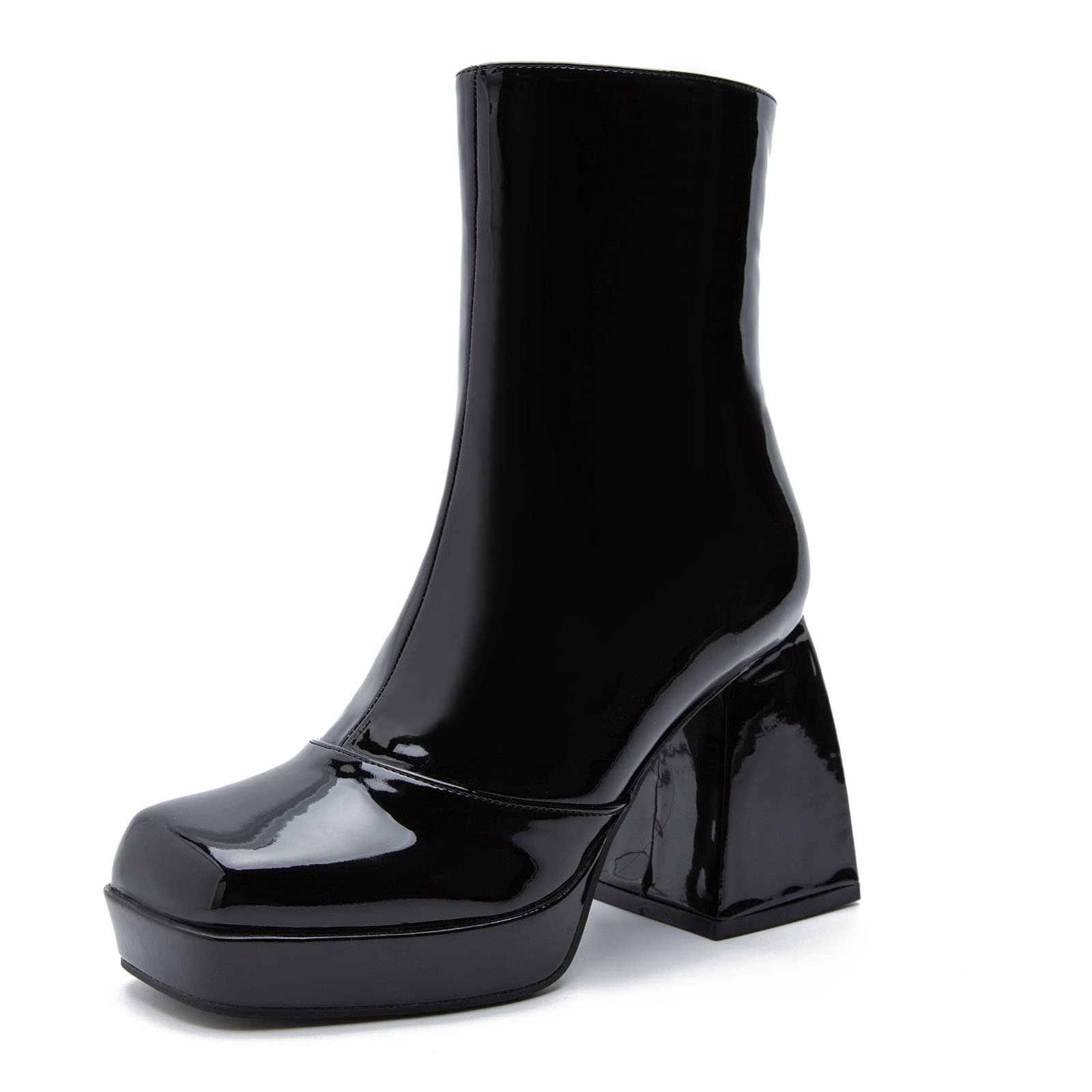 Women's Chunky Heel Mid Calf Boots - Square Toe Ankle Booties with Zipper | Disco & GoGo Party Costume Boots | Platform Boots for Dancing & Nightlife Outfits