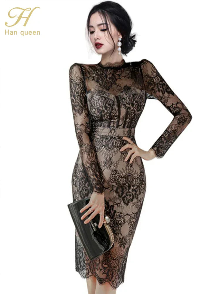 Elegant Korean Fashion Lace Crochet Flower Pencil Dress for Women - See Through Autumn Party Dress, Casual & Formal Occasions