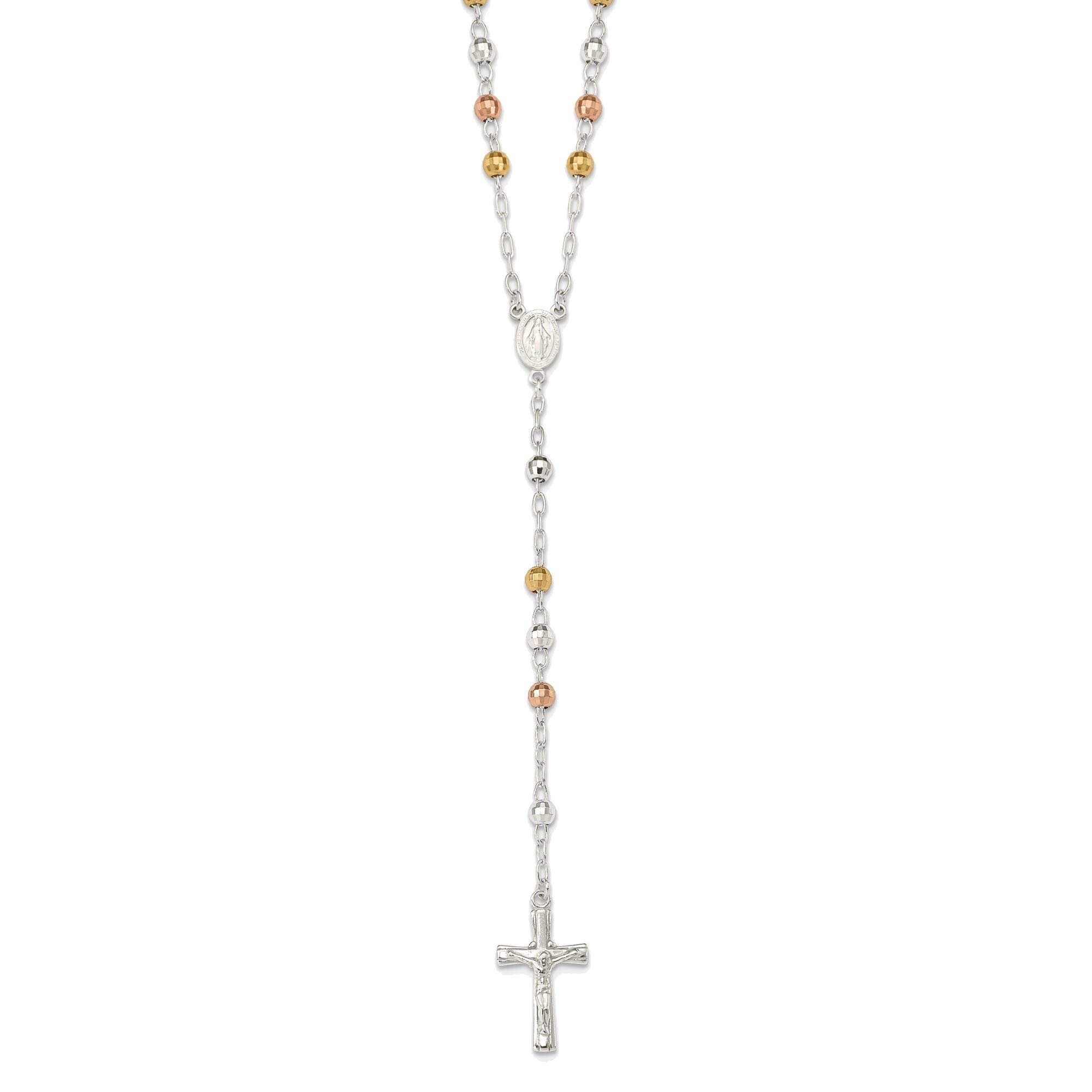 Bonyak Jewelry Sterling Silver Rosary Necklace with Textured Tricolor Beads - Elegant Religious Jewelry for Women, Perfect for Church, Weddings & Everyday Wear