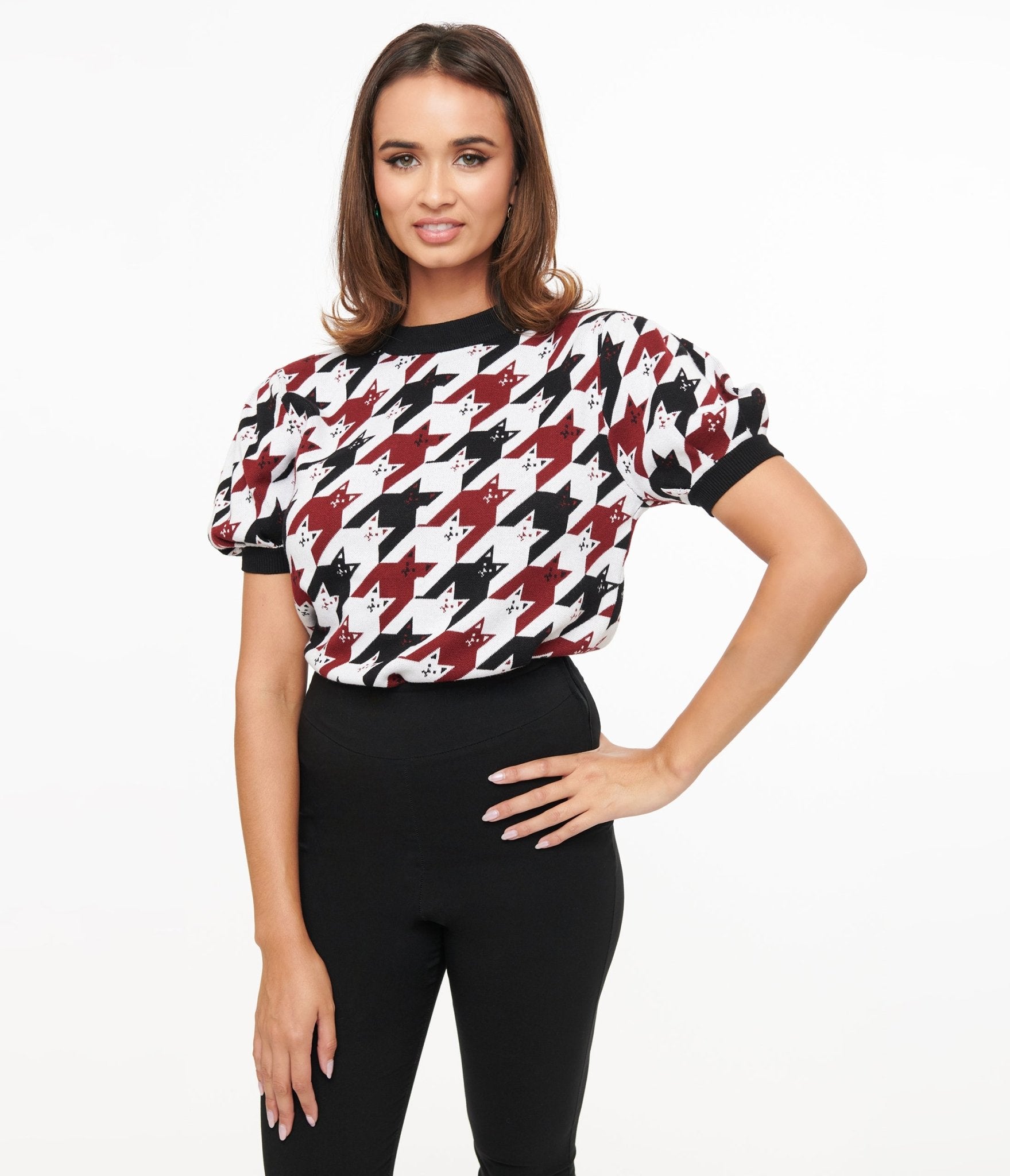 Vintage Burgundy & Black Cat Houndstooth Sweater - Women's Retro Knit Pullover for Fall & Winter Fashion | Perfect for Holiday Parties, Office Wear & Cozy Weekends