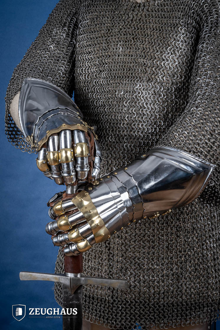 15th Century German Gauntlets - 1.2mm Steel Medieval Armor with Brass Accents for LARP, Cosplay, and Historical Reenactment