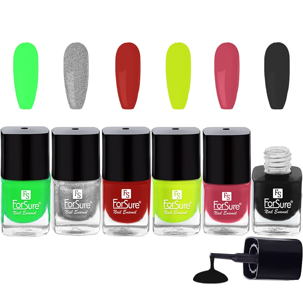Premium Long-Lasting Gel Nail Polish Set of 6 Colors (Silver, Pink, Red, Neon, Green, Black) - Quick Dry, Chip Resistant for Salon-Quality Manicures at Home - Perfect for Parties, Weddings & Everyday Wear