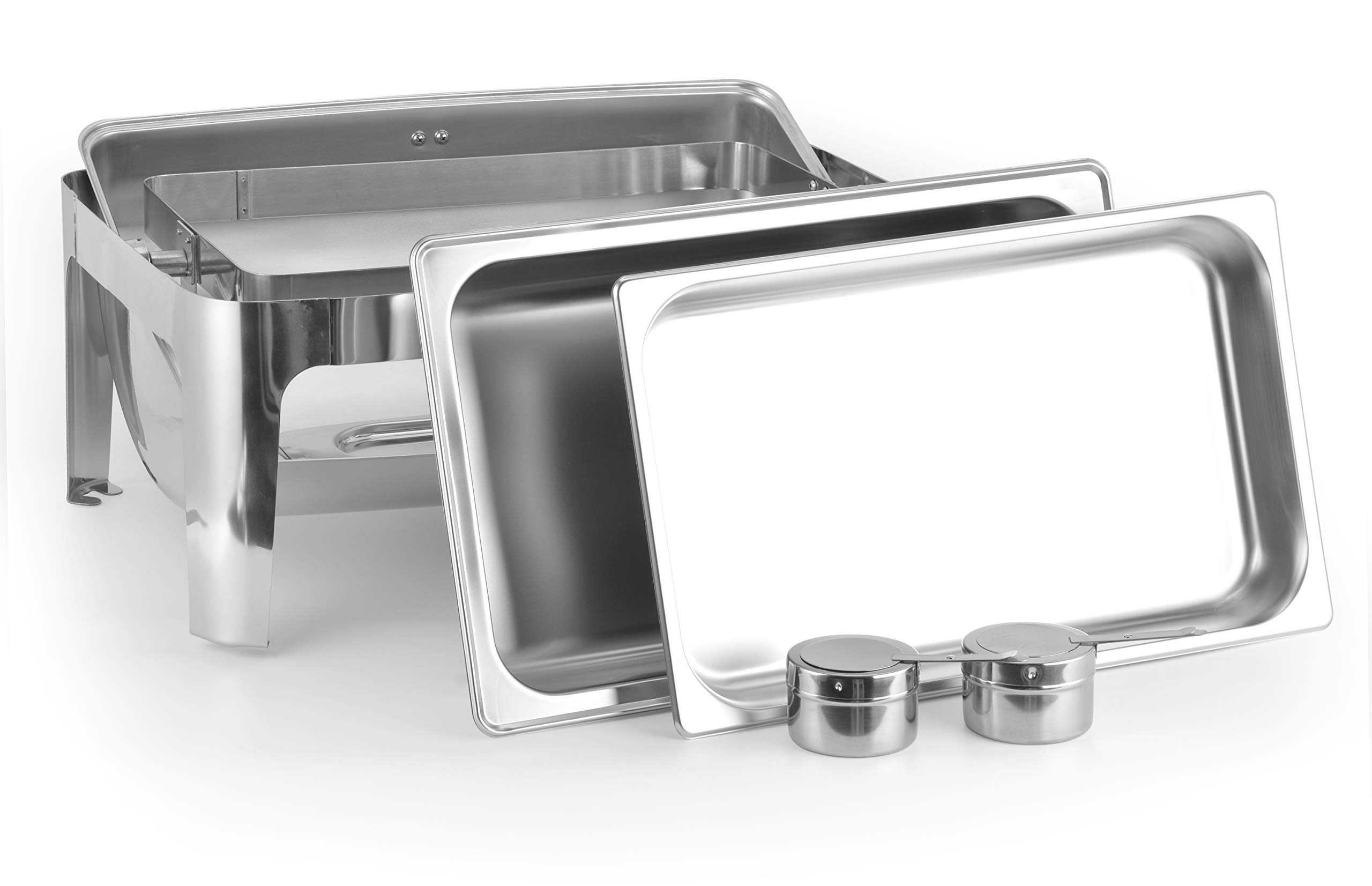 Premium 8qt Stainless Steel Roll Top Chafing Dish Set - Commercial Grade Buffet Catering Equipment with Fuel Holders, Lid & Apron - Includes 1 Full-Size Food/Water Pan, 1 Sectional Pan, 1 Tong & Serving Spoon - Perfect for Weddings, Banquets, Buffets & Catering Events