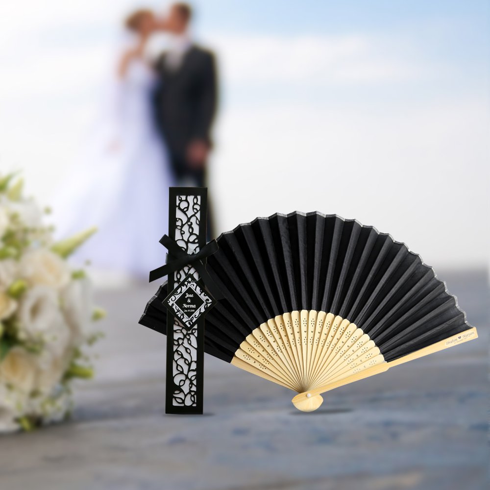 50pcs Black Silk Bamboo Handheld Folding Fans - Elegant Wedding Favors, Bridal Shower Gifts with Laser-Cut Gift Box - Perfect for Asian Weddings, Tea Ceremonies, Cultural Events & Summer Cooling Accessories