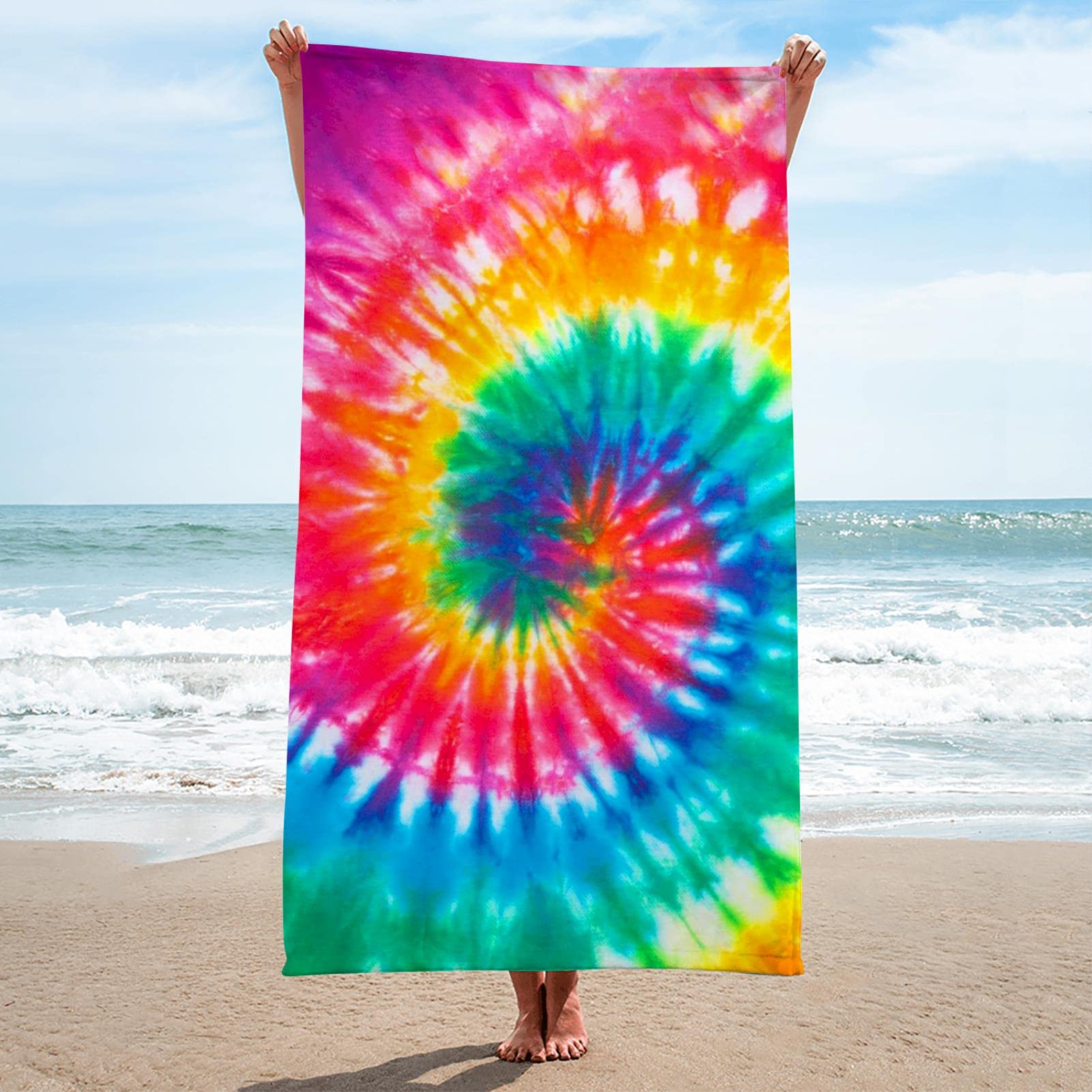 CHAVANJI Rainbow Tie Dye Beach Towel - Oversized Microfiber Quick Dry Bath & Swim Towel for Adults & Kids - Perfect for Pool, Beach, Yoga & Travel