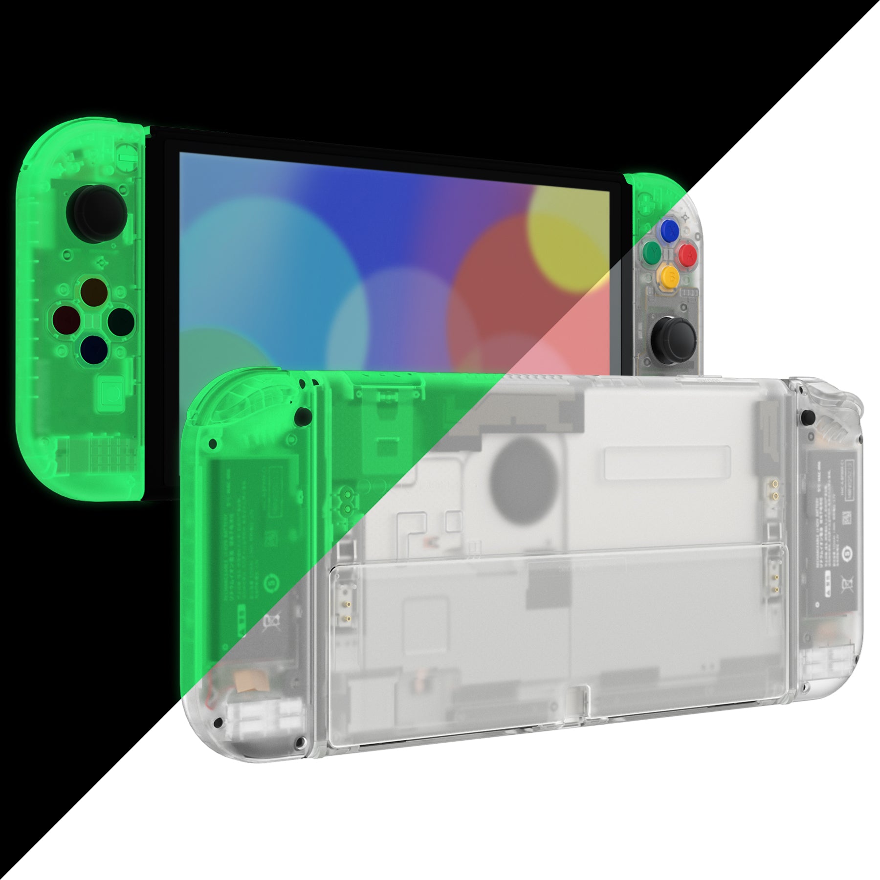 eXtremeRate Glow in Dark Green Custom Full Set Shell for Nintendo Switch OLED - DIY Replacement Back Plate, Kickstand & Joycon Controller Housing with Colorful Buttons | Perfect for Gaming Enthusiasts & Custom Mods