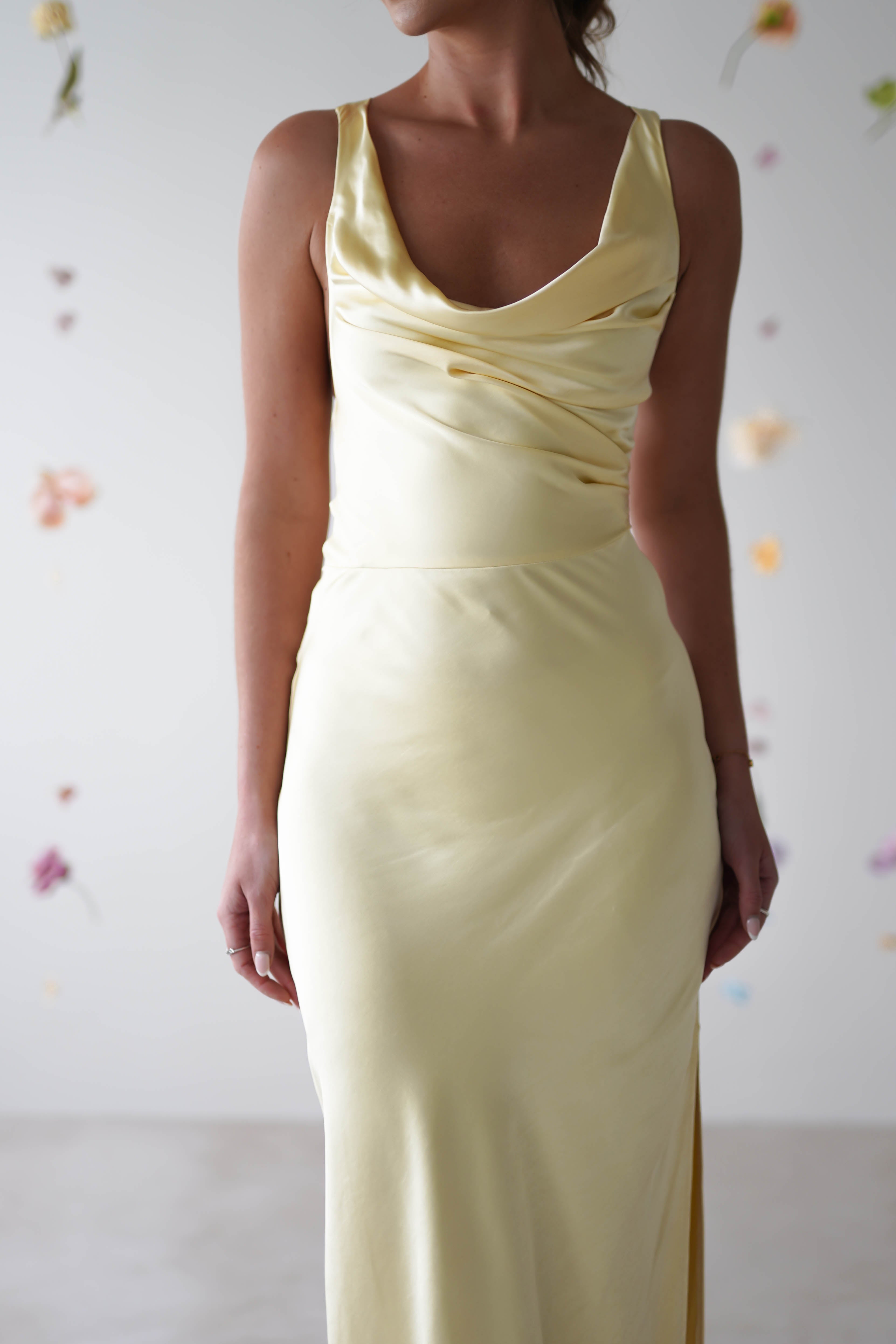 Misha Soft Satin Maxi Dress - Elegant Long Yellow Evening Gown for Women | Perfect for Weddings, Parties & Special Occasions