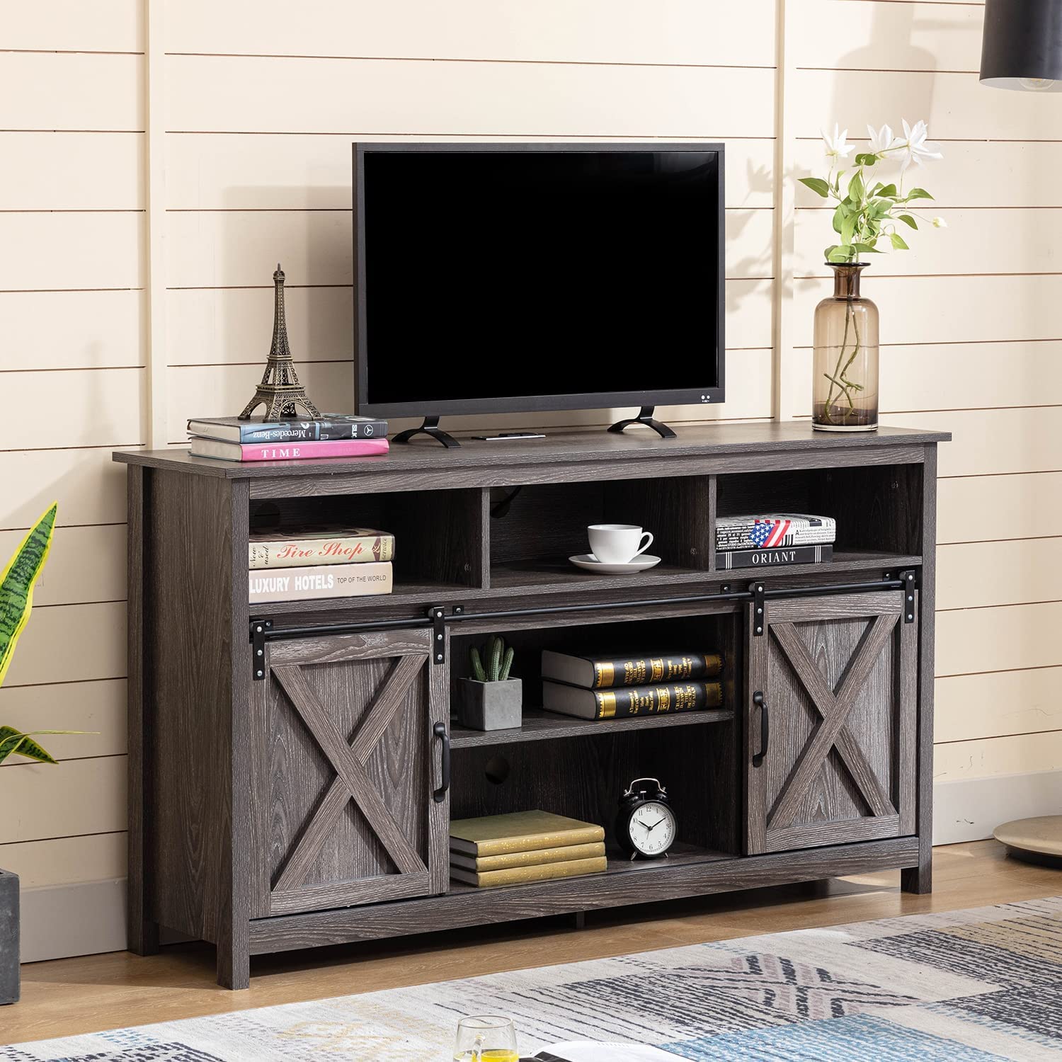 Rustic Farmhouse Coffee Bar Cabinet with Sliding Barn Door - Buffet Server Sideboard with Power Outlet for Dining Room, Kitchen & Entryway - Wash Grey Finish | Perfect for Home Decor, Coffee Station & Storage Solution