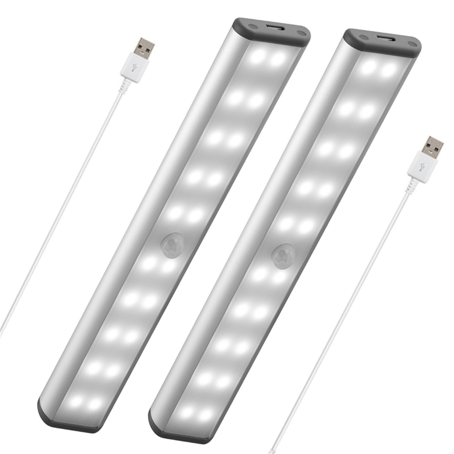 Wireless Stick-On LED Closet Lights - 20 LED Motion Sensor Under Cabinet Lighting with Rechargeable Battery & Magnetic Base - Safe Night Light for Closet, Kitchen, Wardrobe, Stairs (Silver) - Perfect for Dark Spaces & Hands-Free Illumination