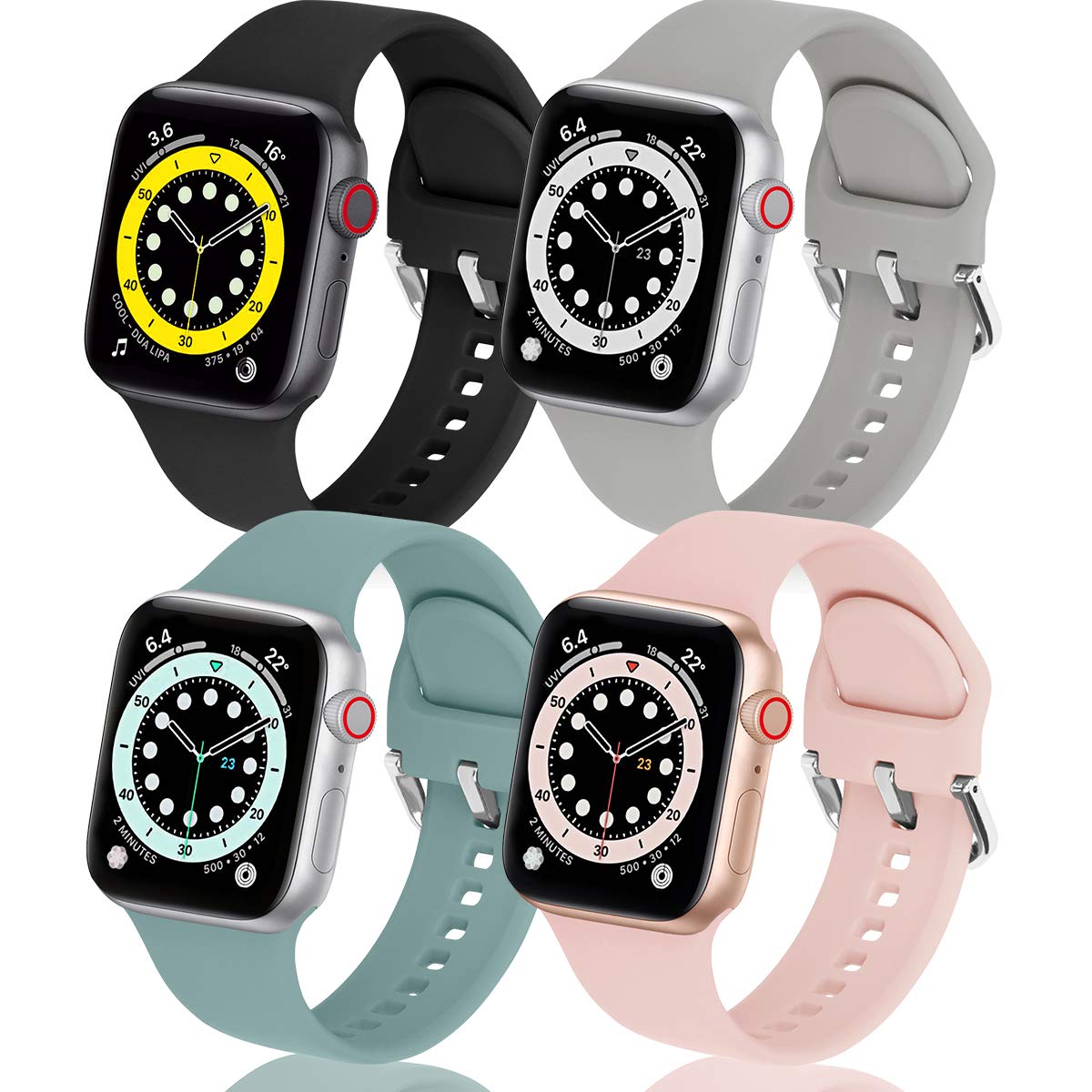 eCamframe Sport Bands for Apple Watch 38mm 40mm 41mm 42mm 44mm 45mm - 4 Pack Soft Silicone Waterproof Replacement Straps with Classic Clasp - Compatible with iWatch Series 7/6/5/4/3/2/1/SE - Perfect for Workouts, Swimming & Everyday Wear for Men & Women