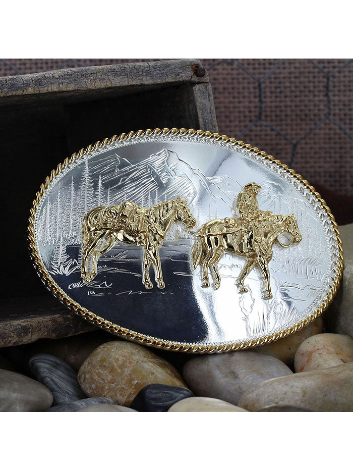 Montana Silversmiths 6250 35 Etched Mountains Western Belt Buckle - Pack Horse and Rider Silver Plated Buckle for Cowboy Boots, Jeans & Western Fashion Accessories