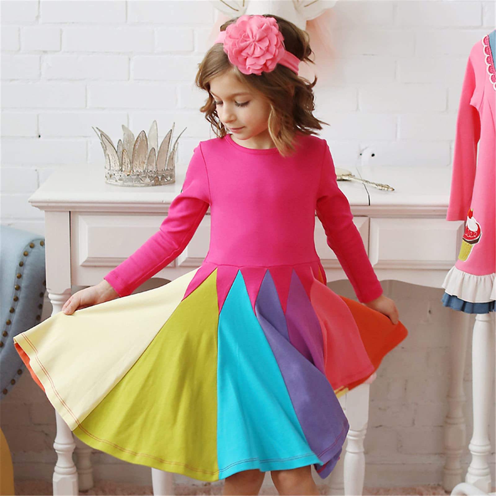 KISSOURBABY Girls Long Sleeve Cotton Casual Dress - Vintage Print Princess Dress for Toddler & Kids - Perfect for Birthday Party, School, Holiday & Family Photos