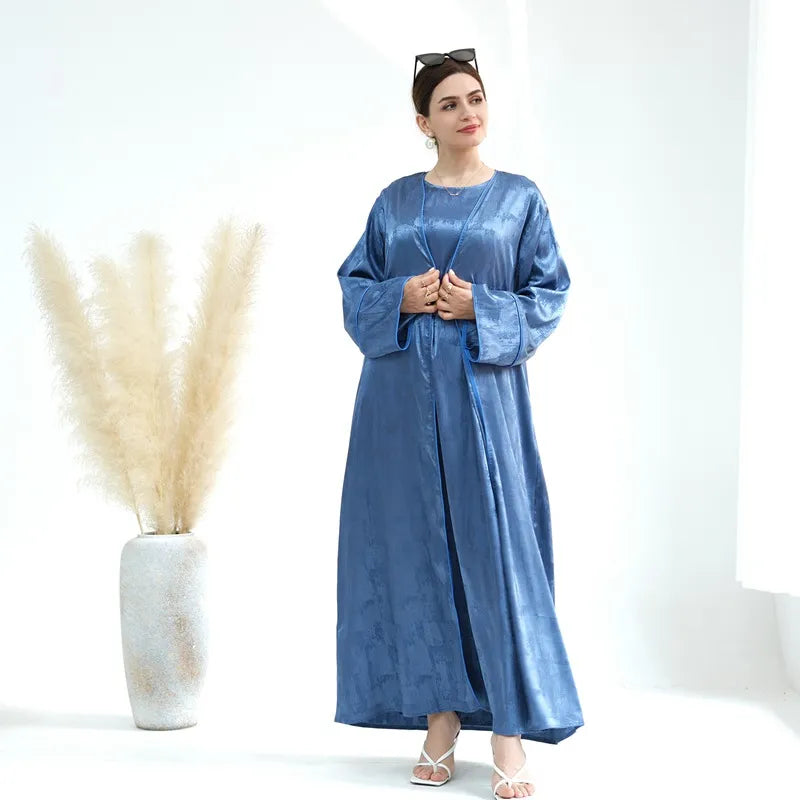 Elegant Jacquard Satin 2-Piece Muslim Women's Open Abaya Dress Set - Perfect for Prayer, Eid, and Special Occasions