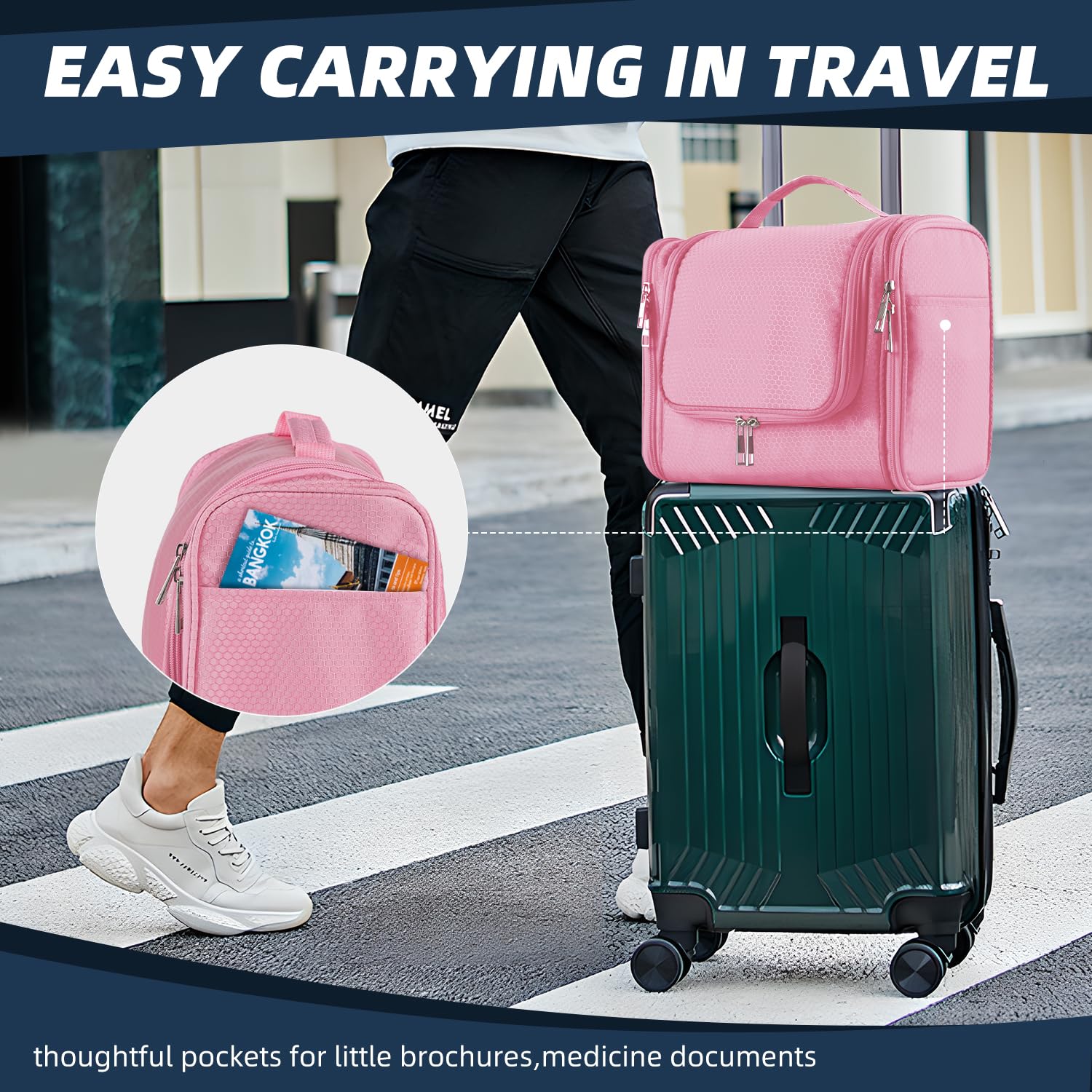Buruis Large Waterproof Hanging Toiletry Bag for Travel - Spacious Cosmetic Organizer for Women & Men, Dopp Kit with Multiple Pockets for Full-Sized Toiletries & Makeup Essentials (Pink) - Perfect for Airplane Carry-on, Gym, Camping & Weekend Getaways