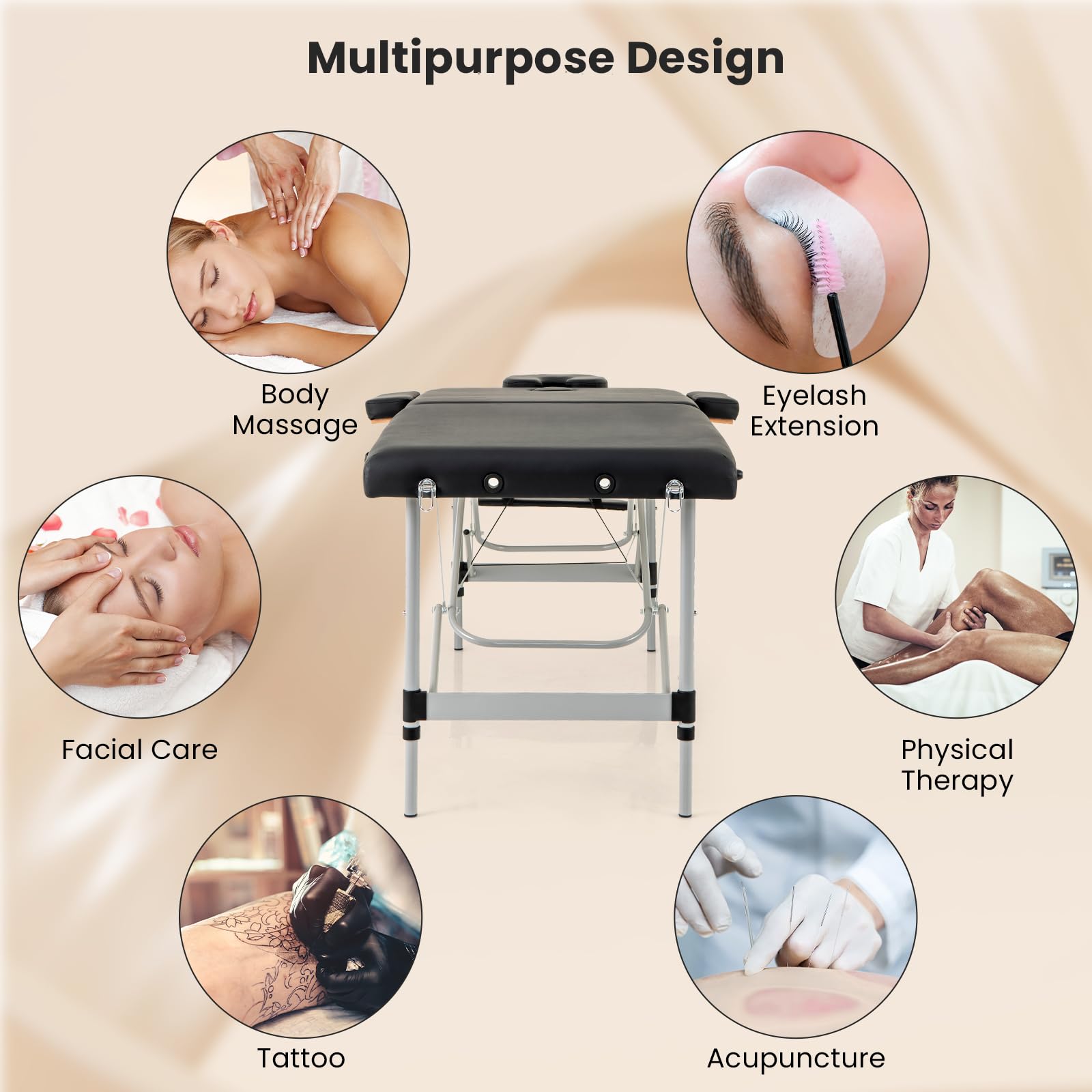 Professional Portable Massage Table - Adjustable Height Folding Massage Bed with Carrying Bag, Sturdy Aluminum Frame for Salon, Spa, Tattoo & Esthetician Use - Perfect for Home & Professional Massage Therapy (Black)