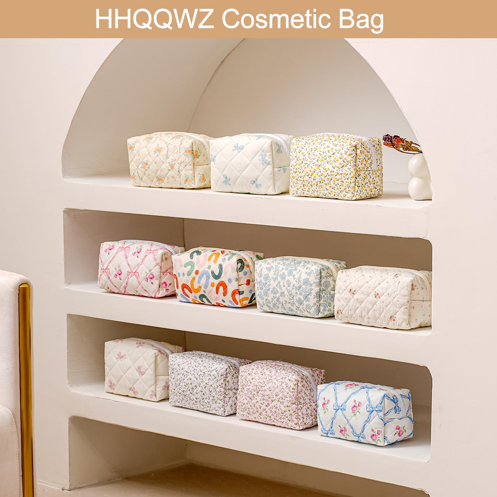 Quilted Cotton Makeup Bag for Women & Girls | Zippered Travel Cosmetic Pouch with Bow Pattern | Portable Toiletry Organizer & Storage Bag (Blue Bowknot) | Perfect for Travel, Gym & Daily Essentials