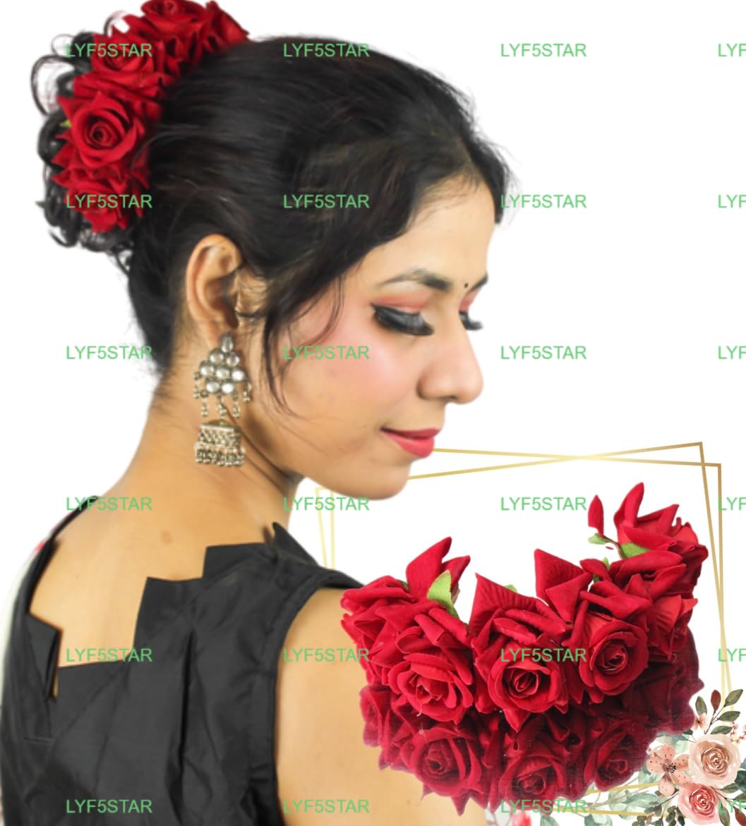 LYF5STAR Natural Red Rose Veni Gajra Hair Accessory for Women & Girls - Wedding Bridal Bun Hair Jewelry - Perfect for Indian Weddings, Festivals & Special Occasions - Pack of 1 (Red)