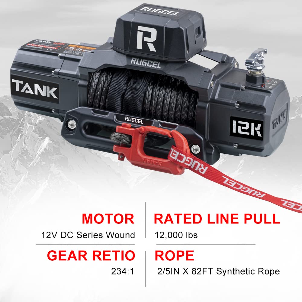 RUGCEL 12000lb Waterproof Electric Winch with Synthetic Rope - 12V Truck & SUV Winch Kit with Hawse Fairlead, 2-in-1 Remote Control (Infrared & Wired) - Ideal for Off-Roading, Recovery, Towing & Heavy-Duty Vehicle Use