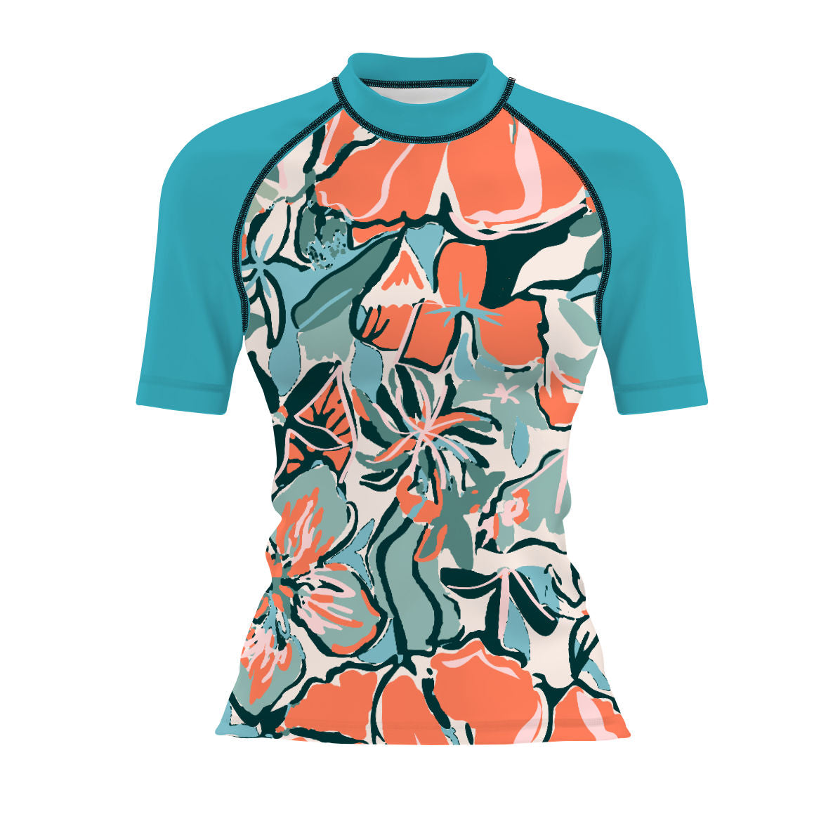 Pink Flora Women's UPF 50+ Sun Protection Short Sleeve Rash Guard for Surfing, Swimming & Beach Activities