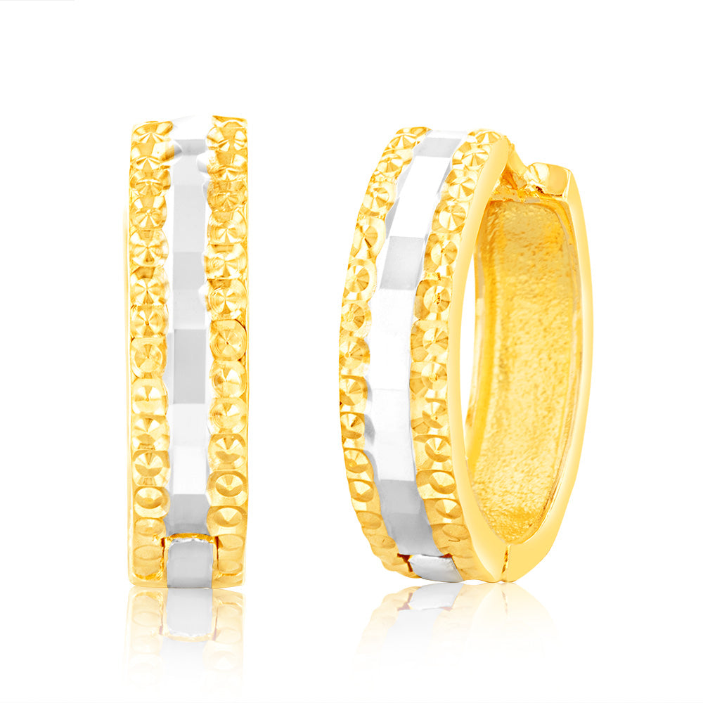 9ct Yellow and White Gold Patterned Fancy Hoop Earrings for Women - Elegant Statement Jewelry for Parties, Weddings & Everyday Wear