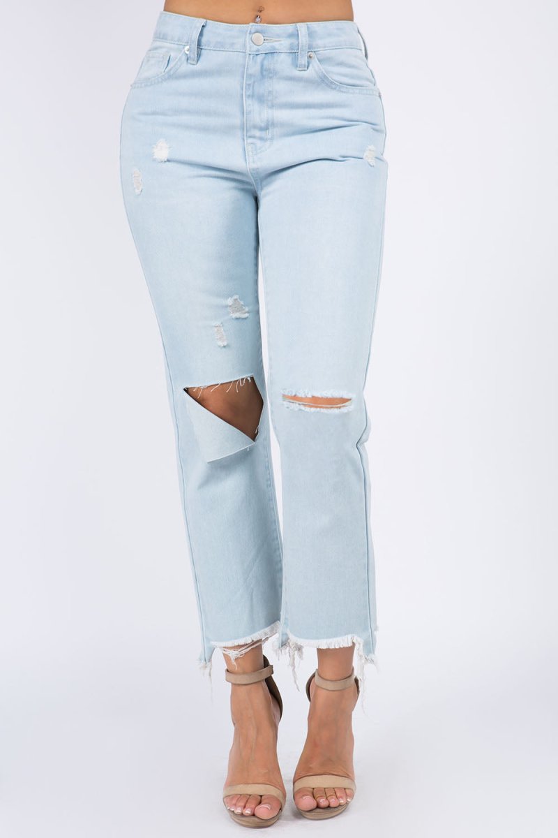Women's High Waist Distressed Raw Hem Jeans - American Bazi Denim for Casual Wear & Street Style