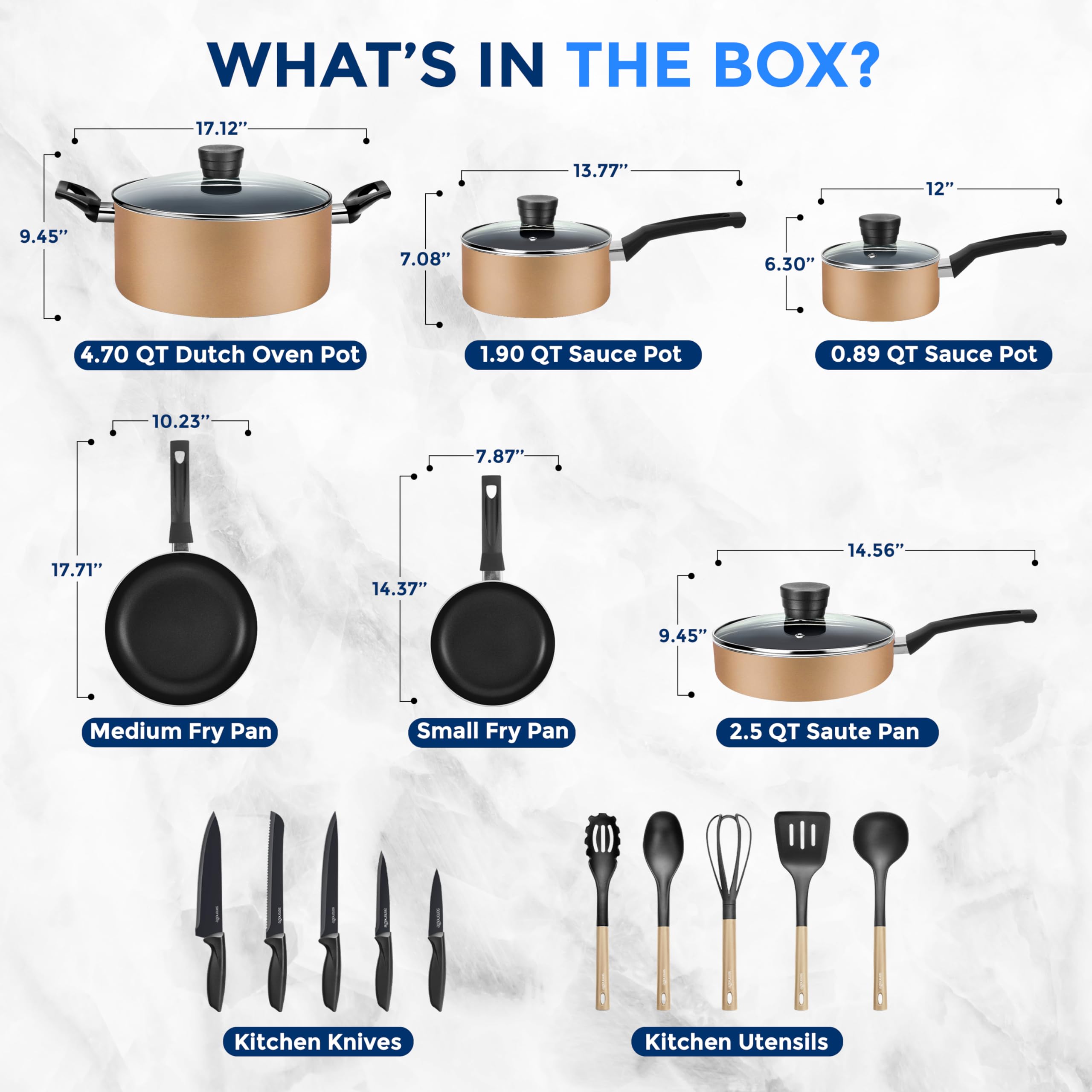 SereneLife 20-Piece Kitchen Cookware Set - Nonstick Pots & Pans with Tempered Glass Lids, Cooking Utensils & Knife Set in Gold for Home & Restaurant Use | Perfect for Frying, Boiling & Meal Prep