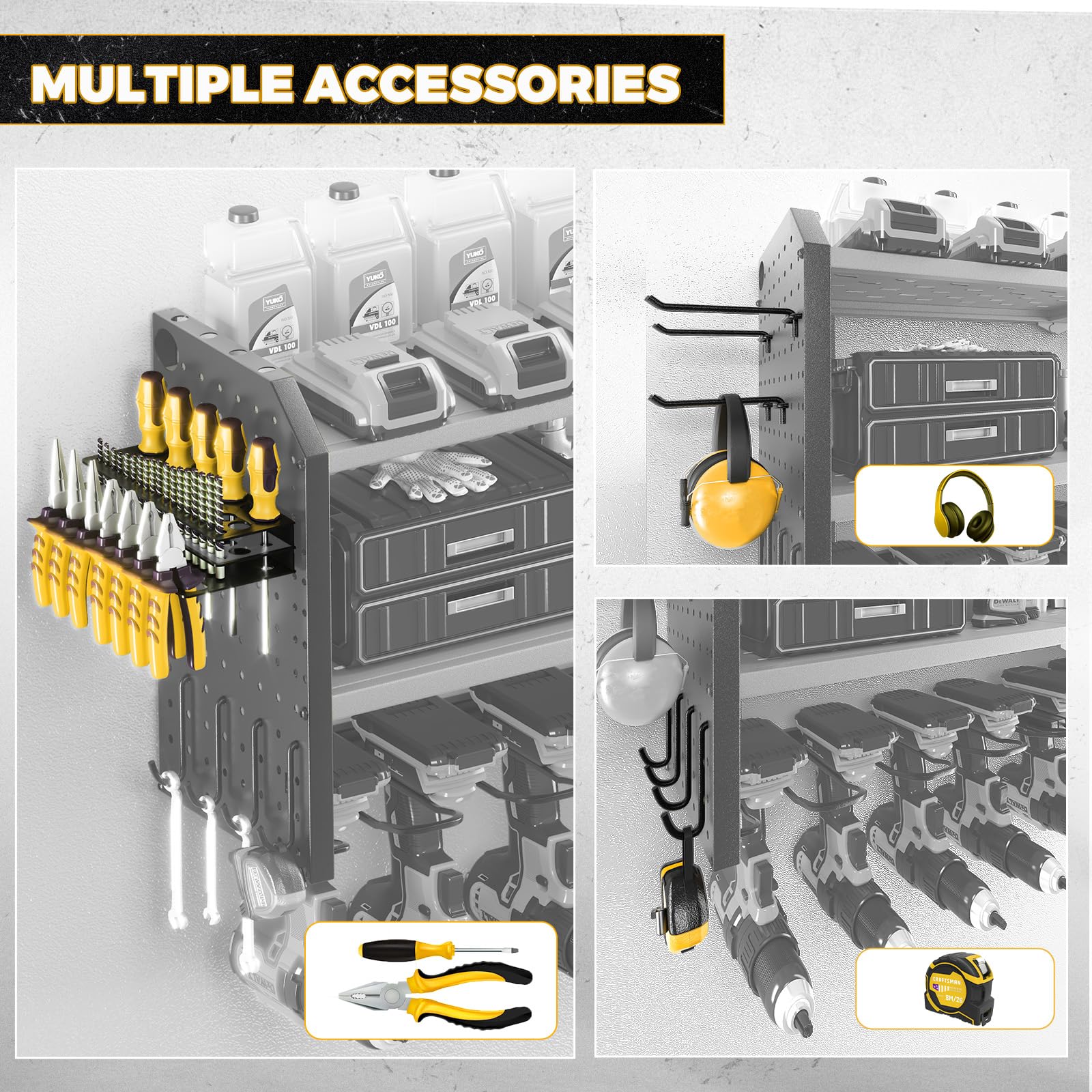 KAFAHOM Heavy Duty Metal Power Tool Organizer with Charging Station - 8 Outlet Power Strip & 8 Drill Holder Wall Mount - Garage Storage Rack & Shelf for Workshop, DIY Projects & Home Improvement - Yellow