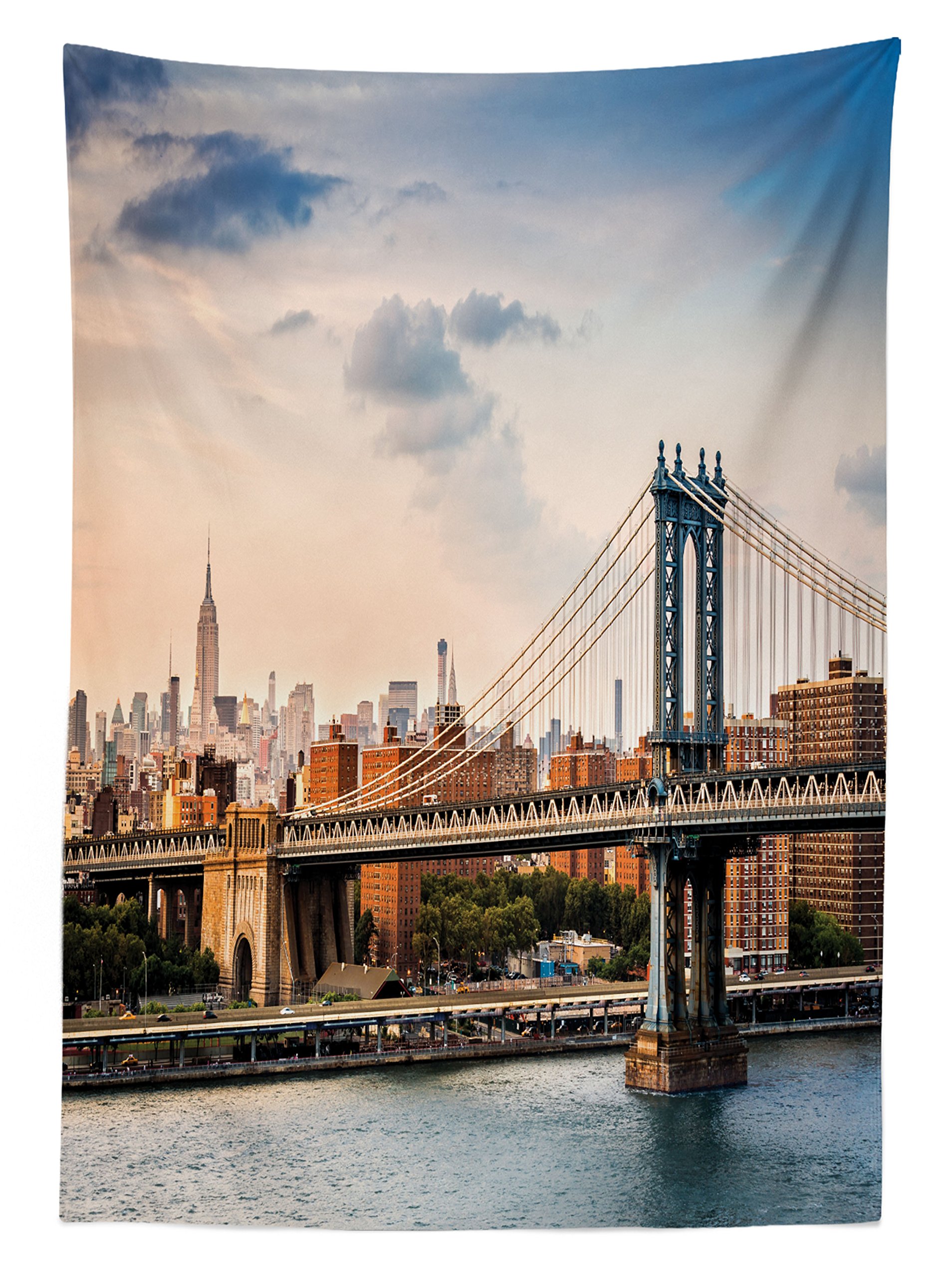 Ambesonne New York Themed Outdoor Tablecloth - Manhattan Bridge & Sunset Skyline Design, Washable Picnic Table Cover 58x84 Inches - Perfect for BBQs, Garden Parties & Outdoor Dining Decor