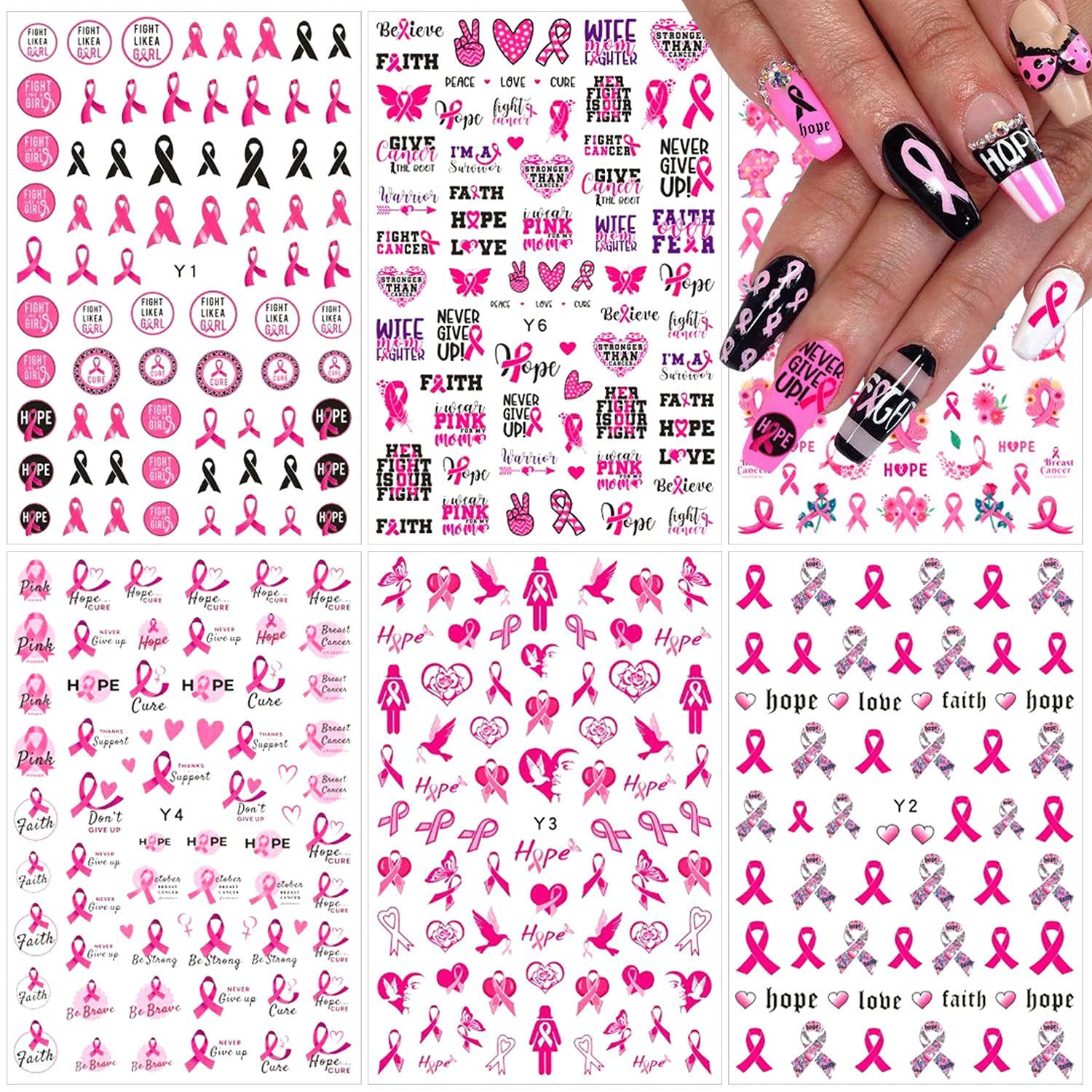 **3D Pink Ribbon Heart Breast Cancer Awareness Nail Art Stickers - Self-Adhesive Nail Decals for Women & Girls, DIY Manicure Tips, Nail Charms Decor (6 Sheets) - Perfect for Fundraisers, Awareness Events & Supportive Nail Art**