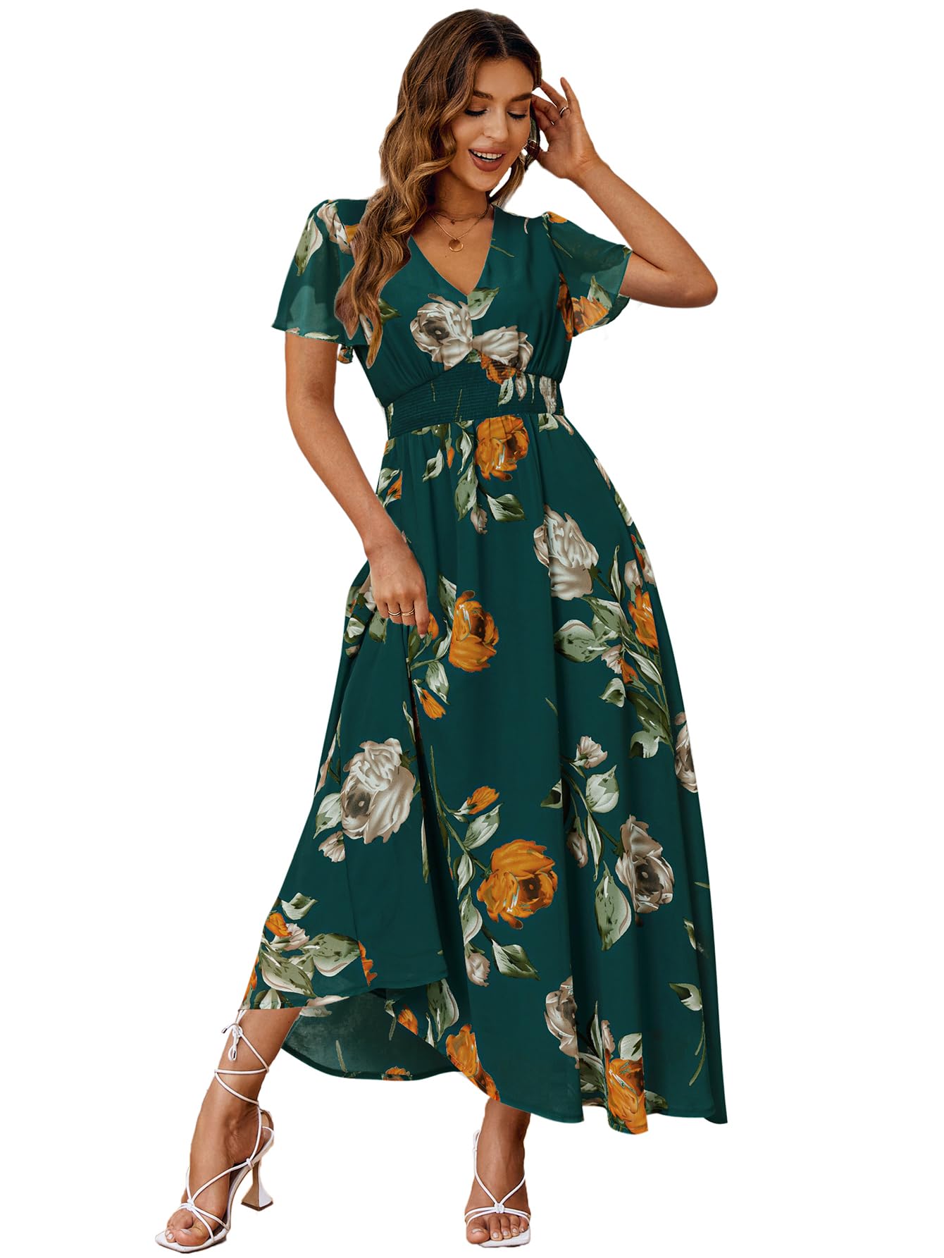 Boho Floral Maxi Dress for Women - Flowy Casual V-Neck Short Sleeve Wedding Guest Dress | Perfect for Beach Vacations, Summer Holidays & Special Occasions